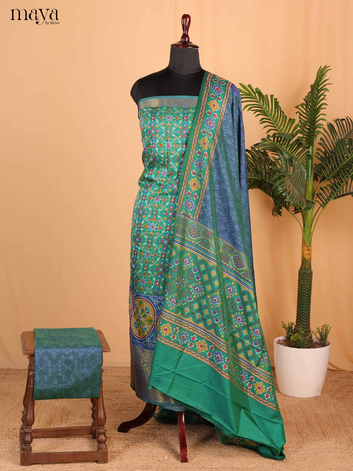 Green & Teal Blue Semi Patola Unstitched Top, Bottom & Dupatta - MDB15020