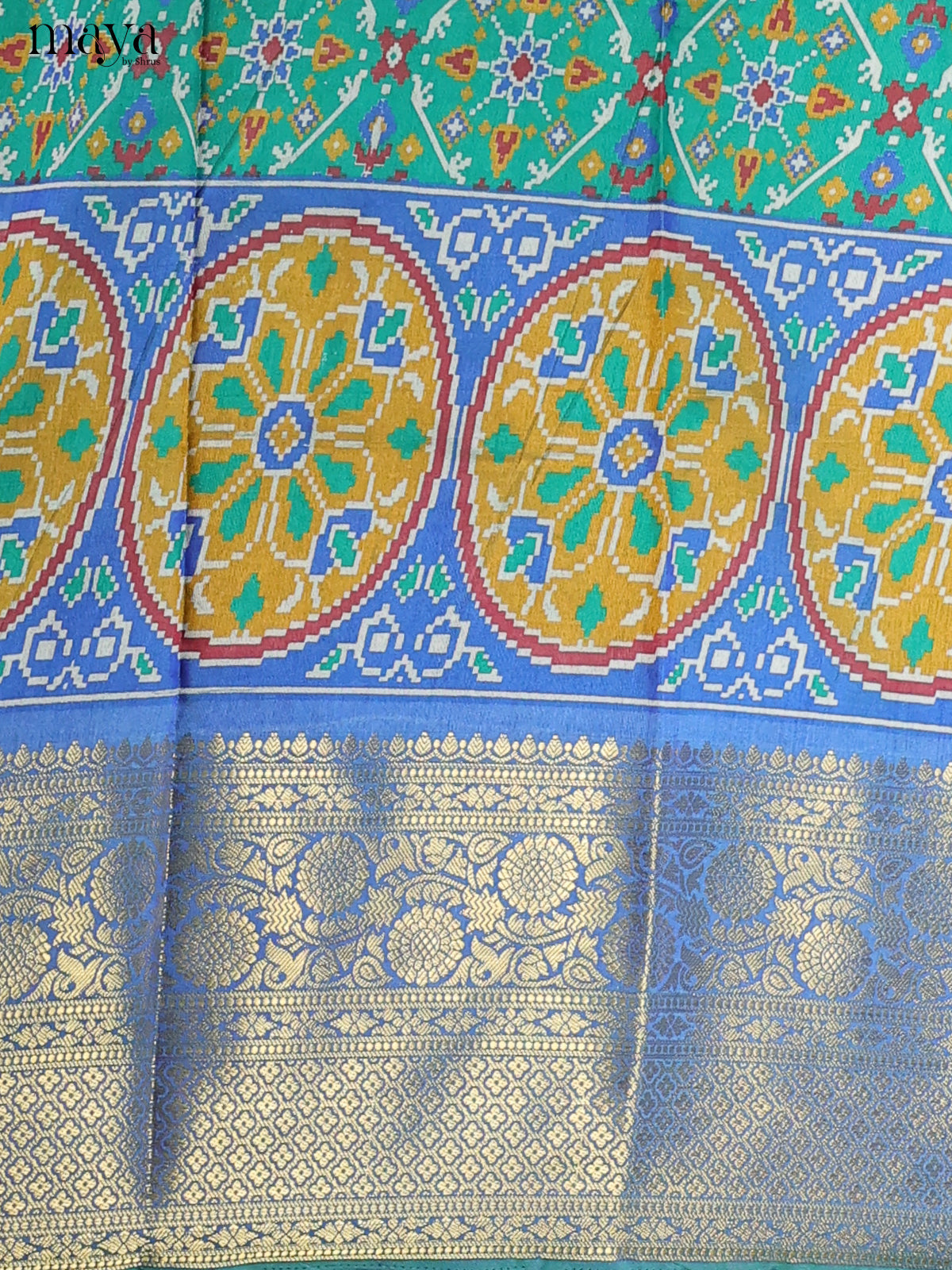 Green & Teal Blue Semi Patola Unstitched Top, Bottom & Dupatta - MDB15020