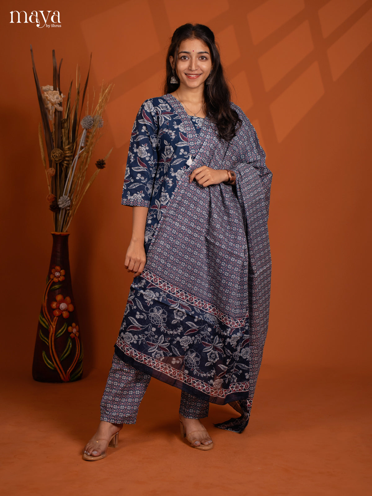 Blue Cotton 3Pc salwar Suit with Floral Print - Top, Botton & Dupatta