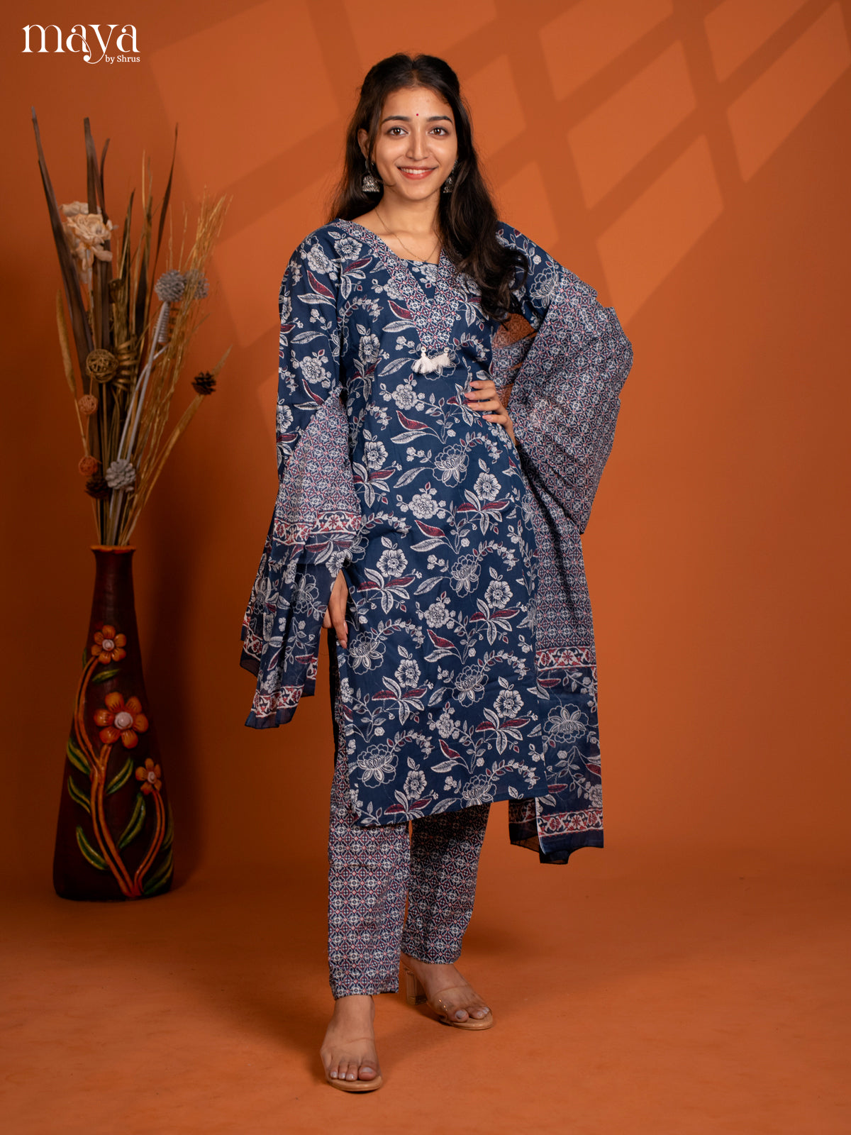 Blue Cotton 3Pc salwar Suit with Floral Print - Top, Botton & Dupatta