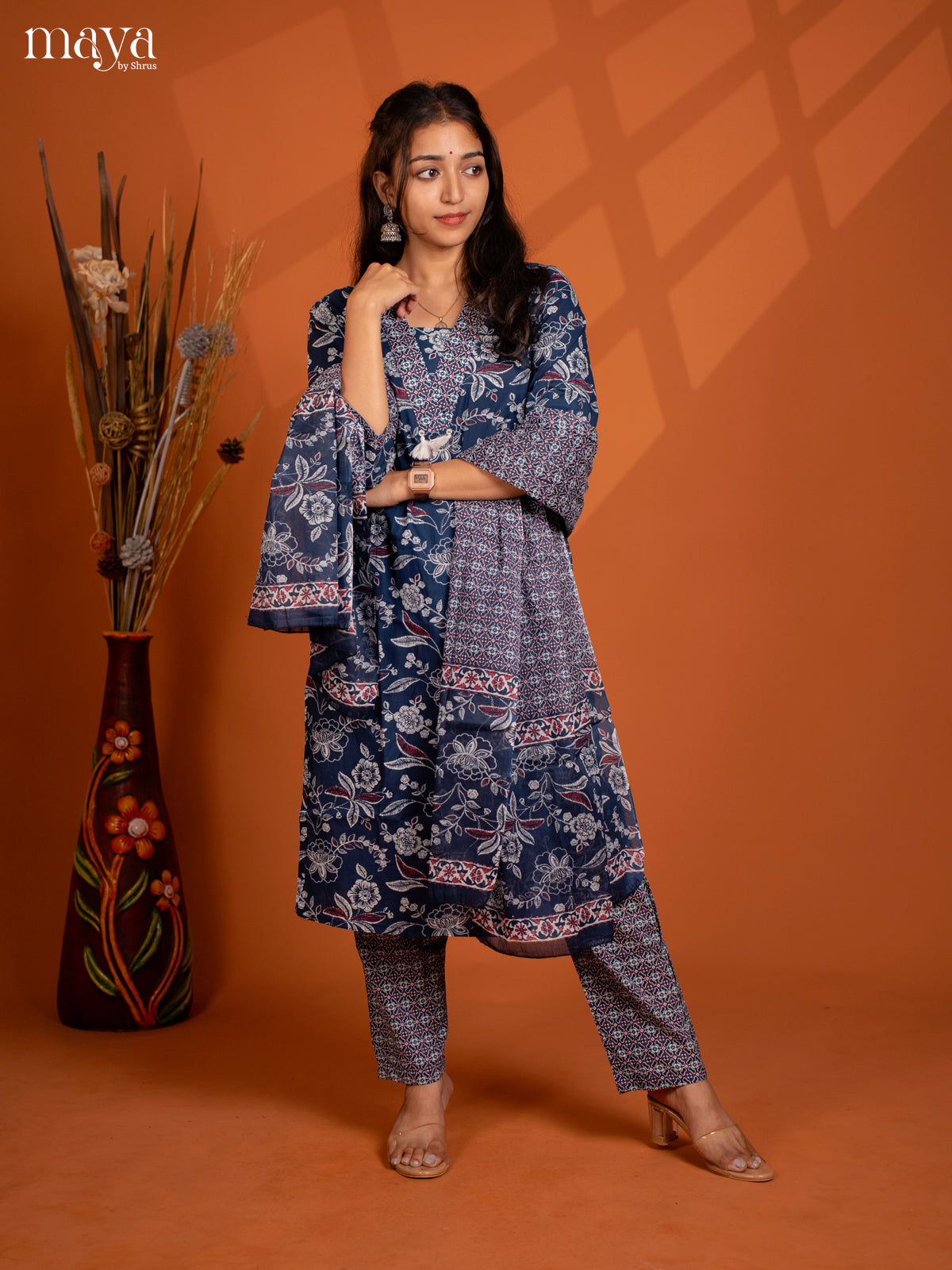 Blue Cotton 3Pc salwar Suit with Floral Print - Top, Botton & Dupatta