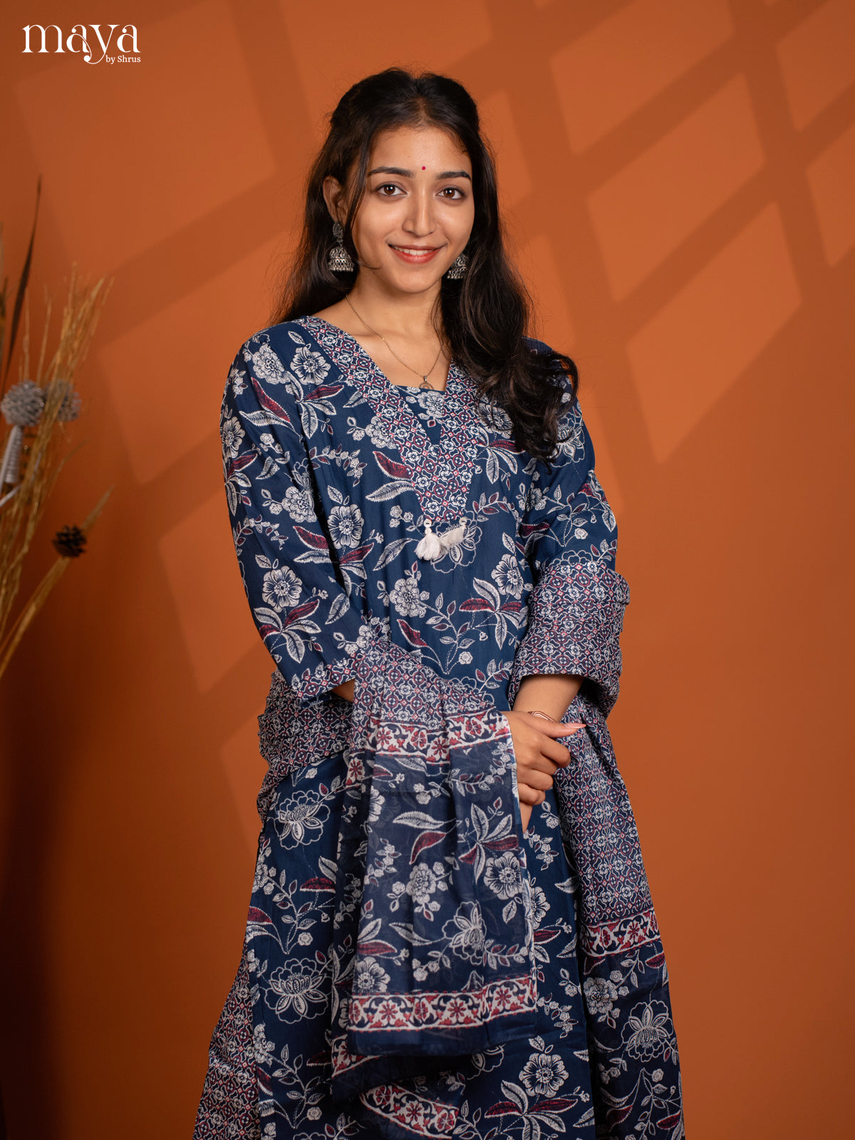 Blue Cotton 3Pc salwar Suit with Floral Print - Top, Botton & Dupatta