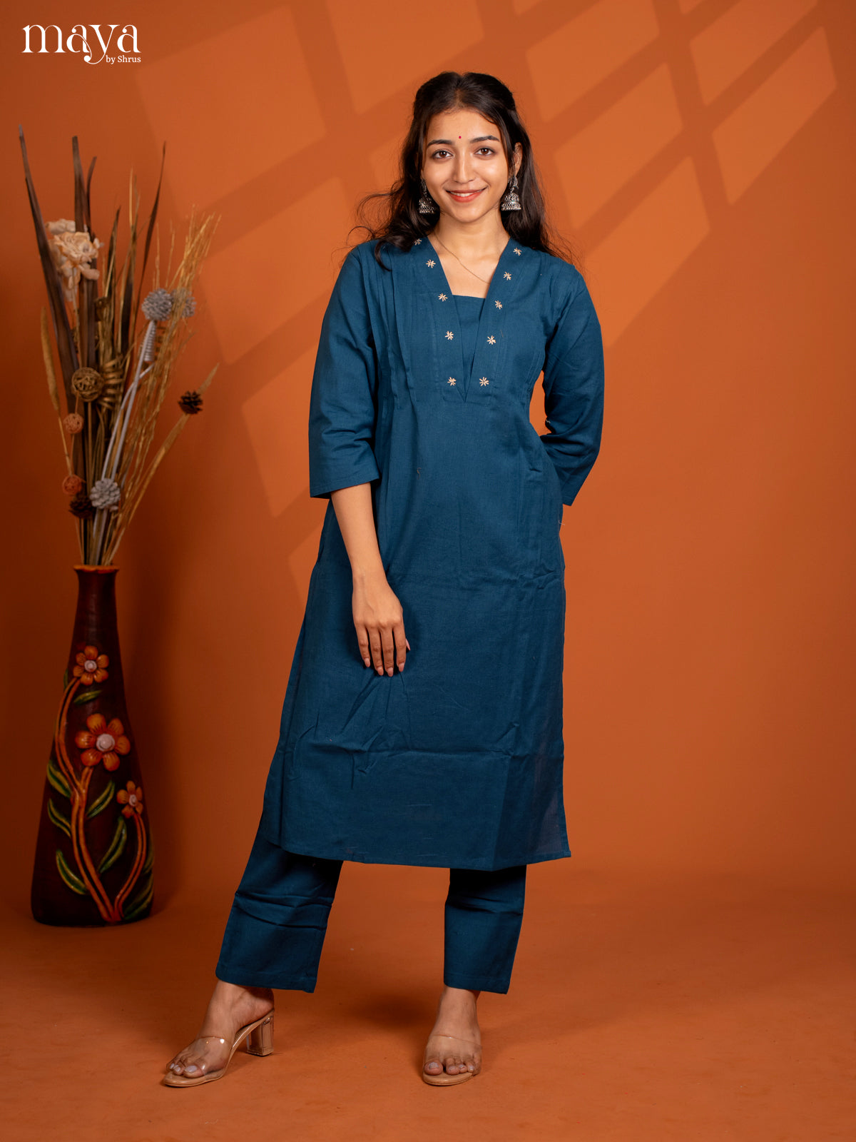 Blue Cotton 2pc solid Salwar suit - Top & Bottom