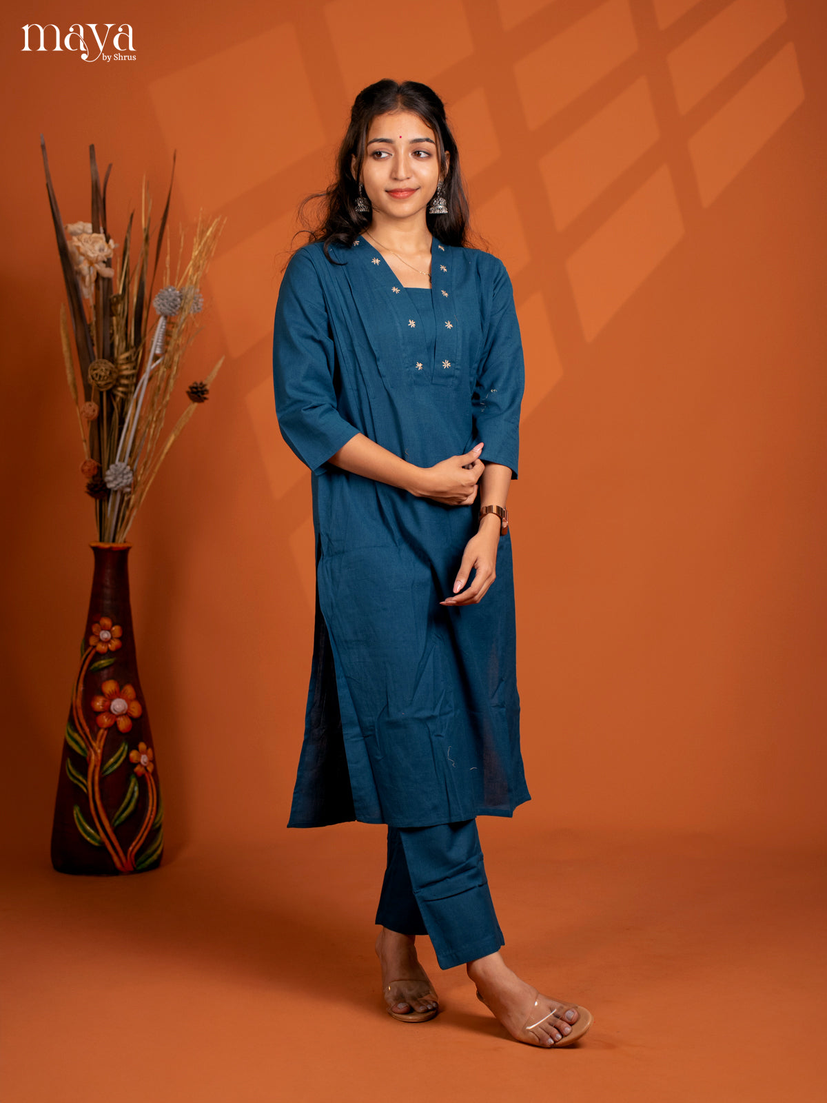Blue Cotton 2pc solid Salwar suit - Top & Bottom