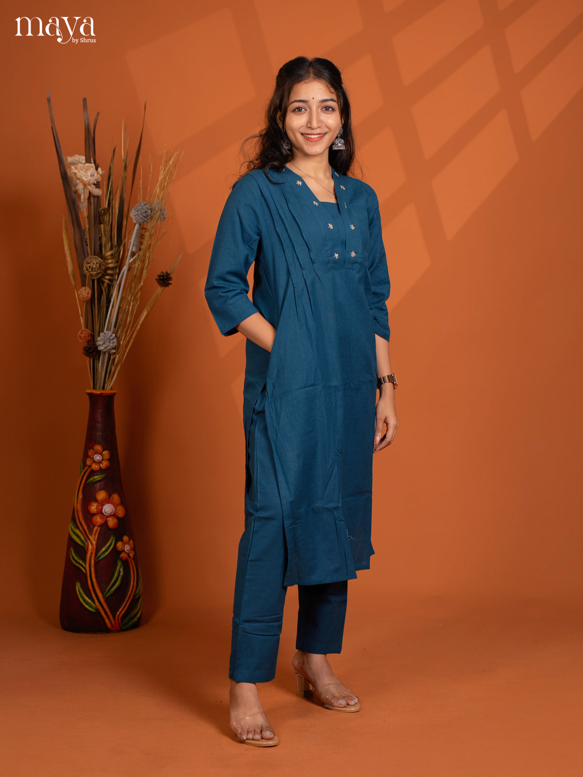 Blue Cotton 2pc solid Salwar suit - Top & Bottom