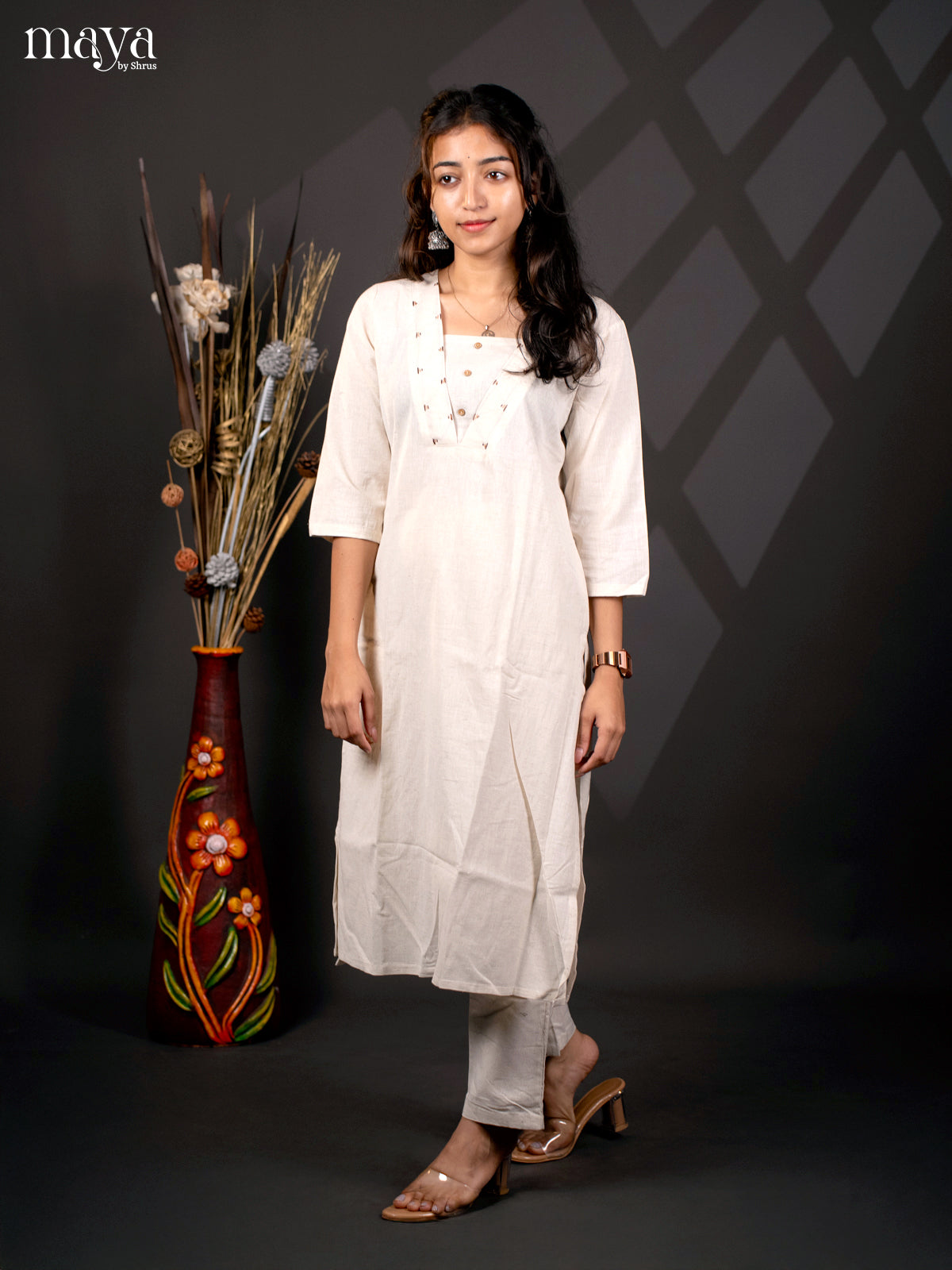 Cream Cotton 2Pc Solid Salwar Suit - Top & Buttom