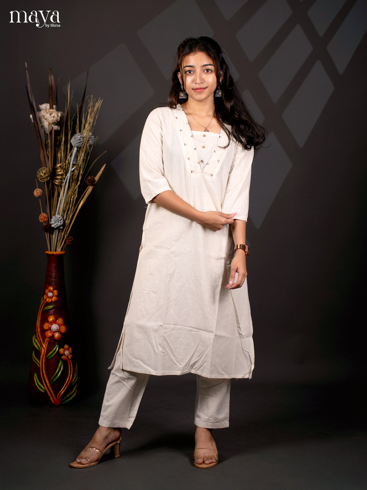 Cream Cotton 2Pc Solid Salwar Suit - Top & Buttom