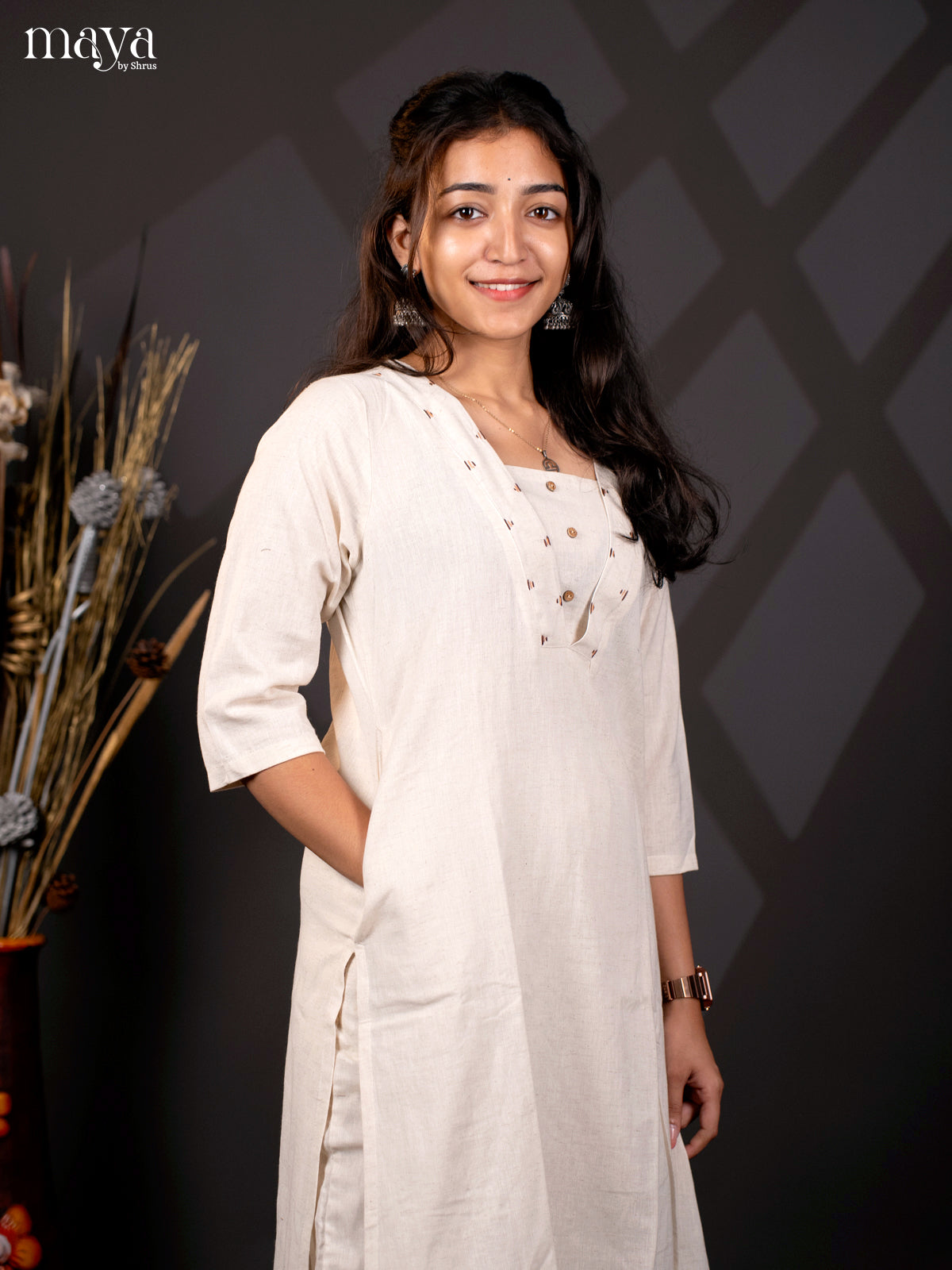 Cream Cotton 2Pc Solid Salwar Suit - Top & Buttom
