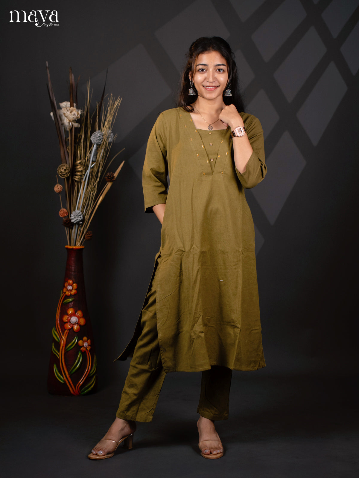Green Cotton 2Pc solid Slawar Suit - Top & Bottom