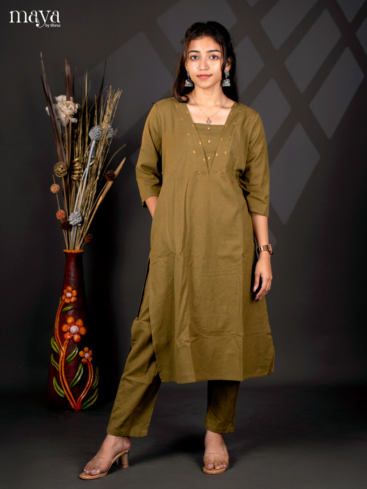 Green Cotton 2Pc solid Slawar Suit - Top & Bottom