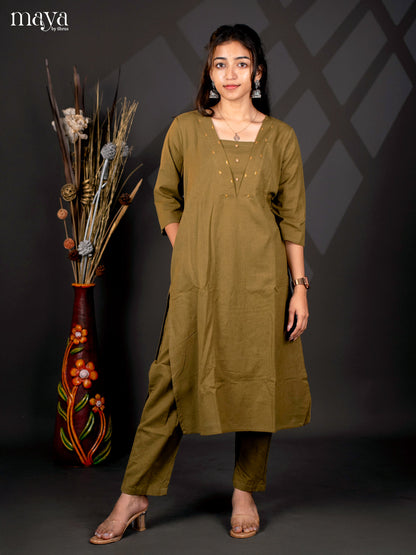 Green Cotton 2Pc solid Slawar Suit - Top & Bottom
