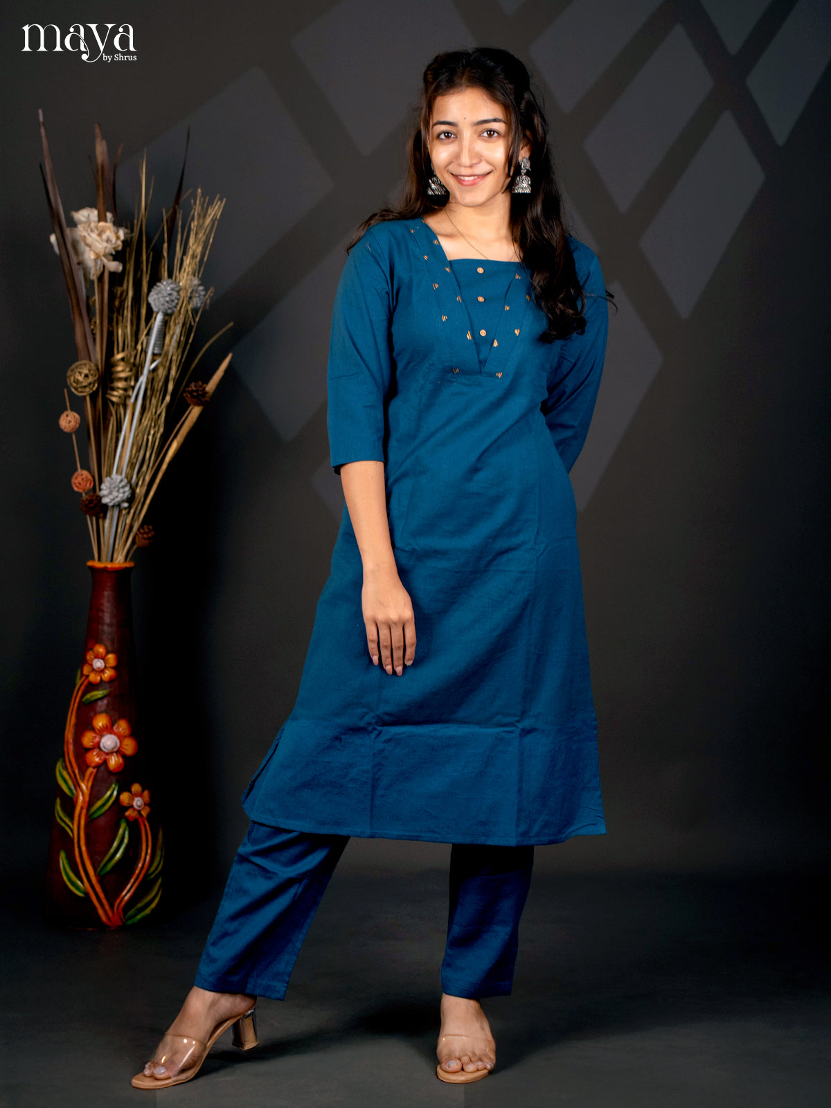 Blue Cotton 2pc solid Salwar suit - Top & Bottom