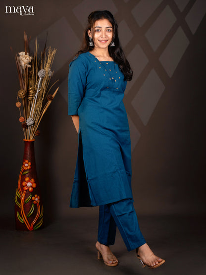 Blue Cotton 2pc solid Salwar suit - Top & Bottom