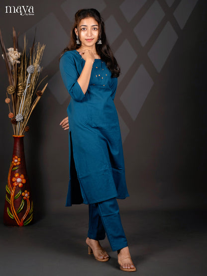 Blue Cotton 2pc solid Salwar suit - Top & Bottom