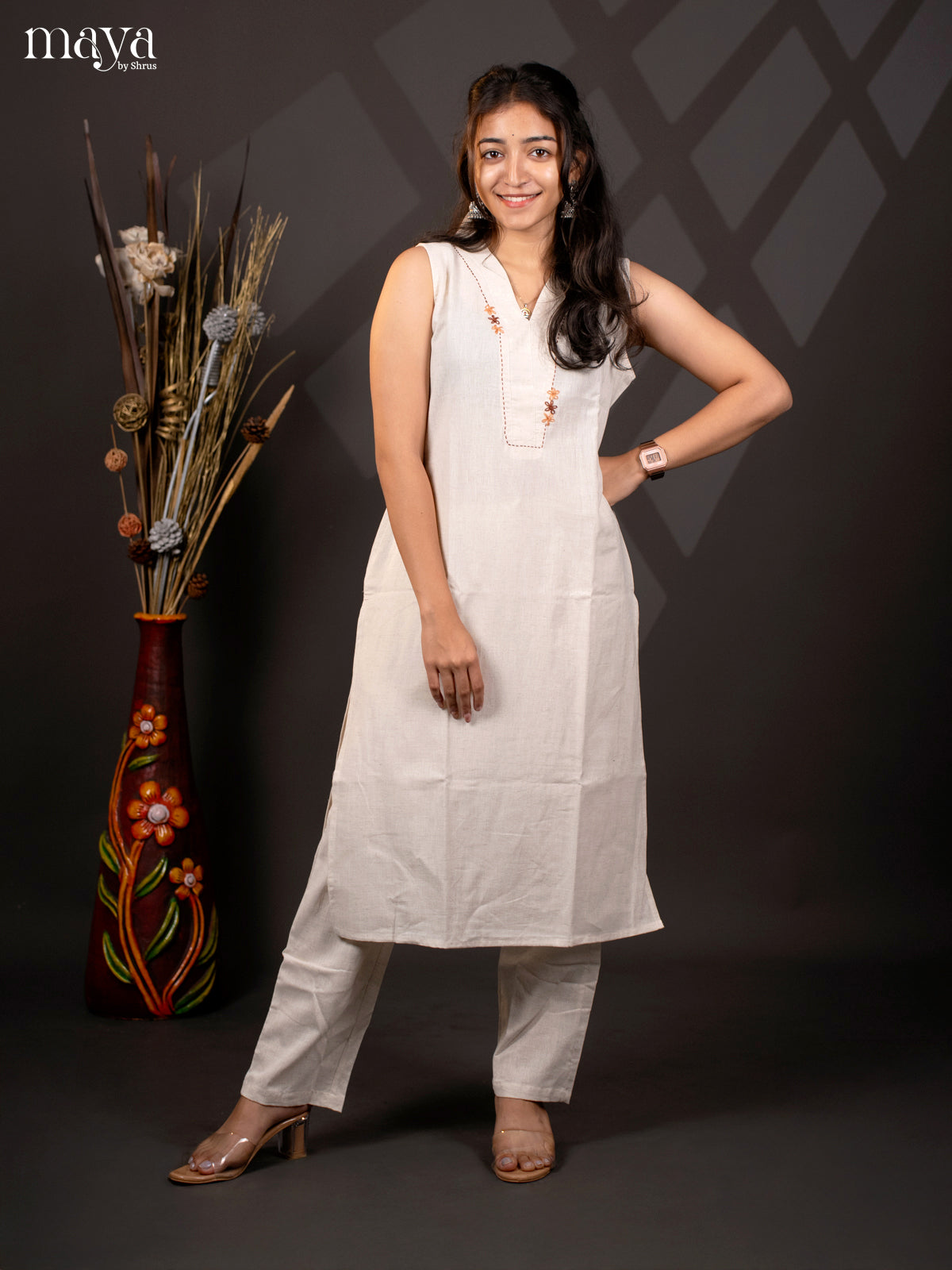 Cream Cotton 2Pc solid Salwar Suit - Top & Bottom