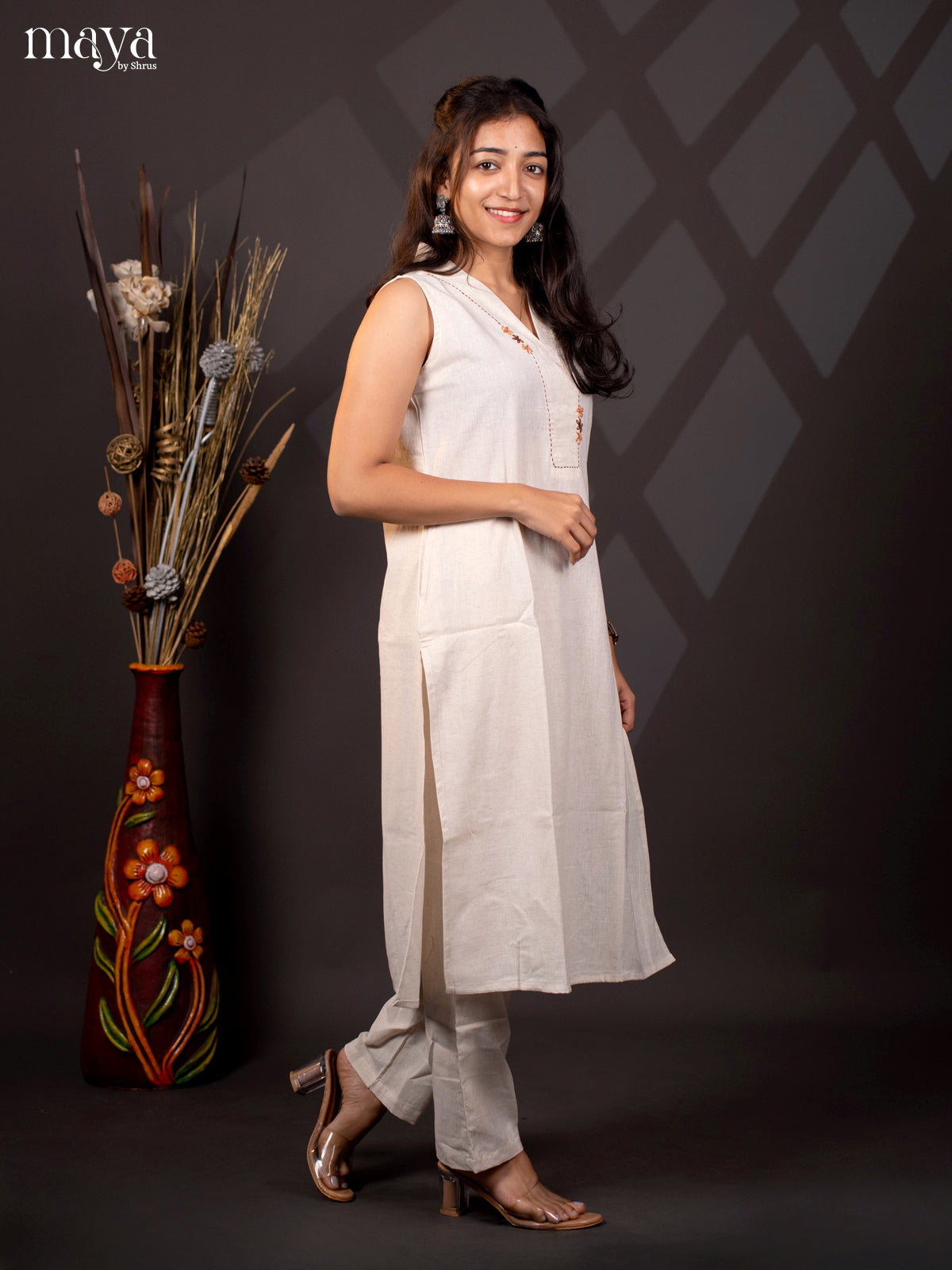 Cream Cotton 2Pc solid Salwar Suit - Top & Bottom