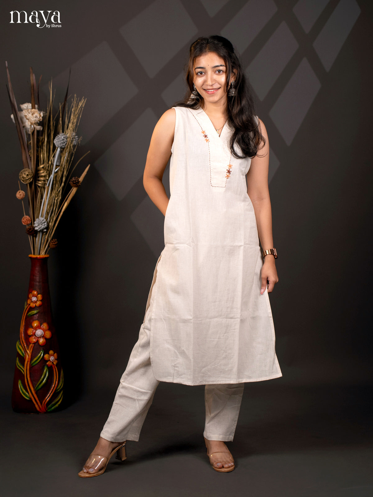 Cream Cotton 2Pc solid Salwar Suit - Top & Bottom