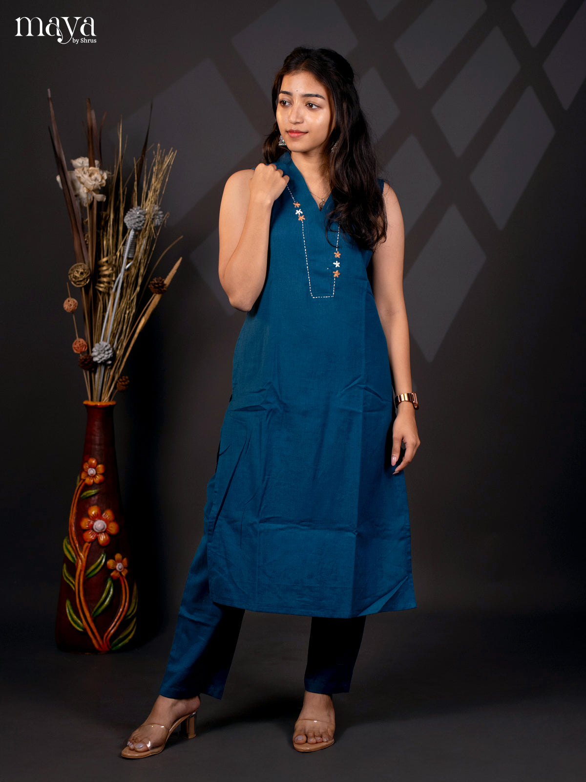 Blue Cotton 2Pc solid Salwar Suit - Top & Buttom