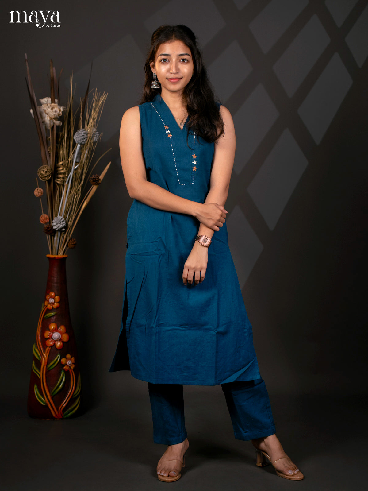Blue Cotton 2Pc solid Salwar Suit - Top & Buttom