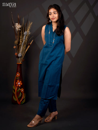 Blue Cotton 2Pc solid Salwar Suit - Top & Buttom