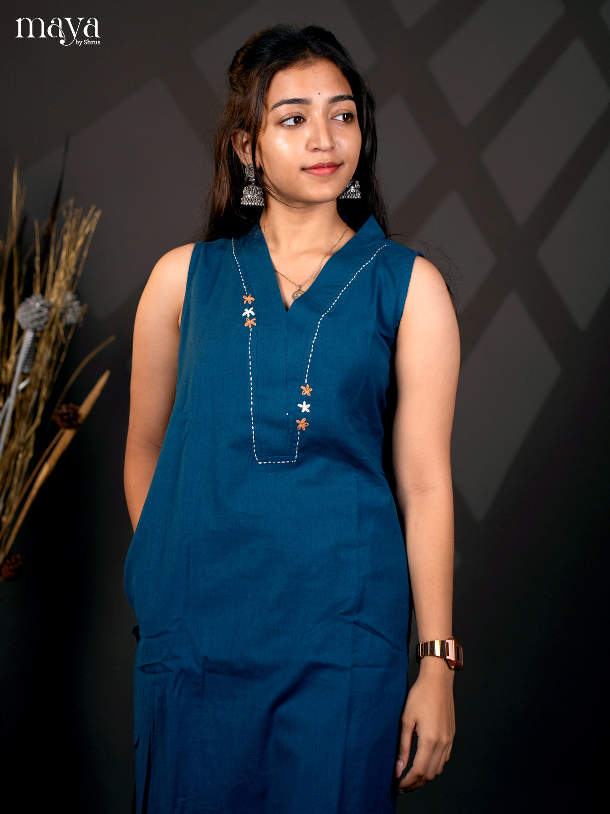 Blue Cotton 2Pc solid Salwar Suit - Top & Buttom