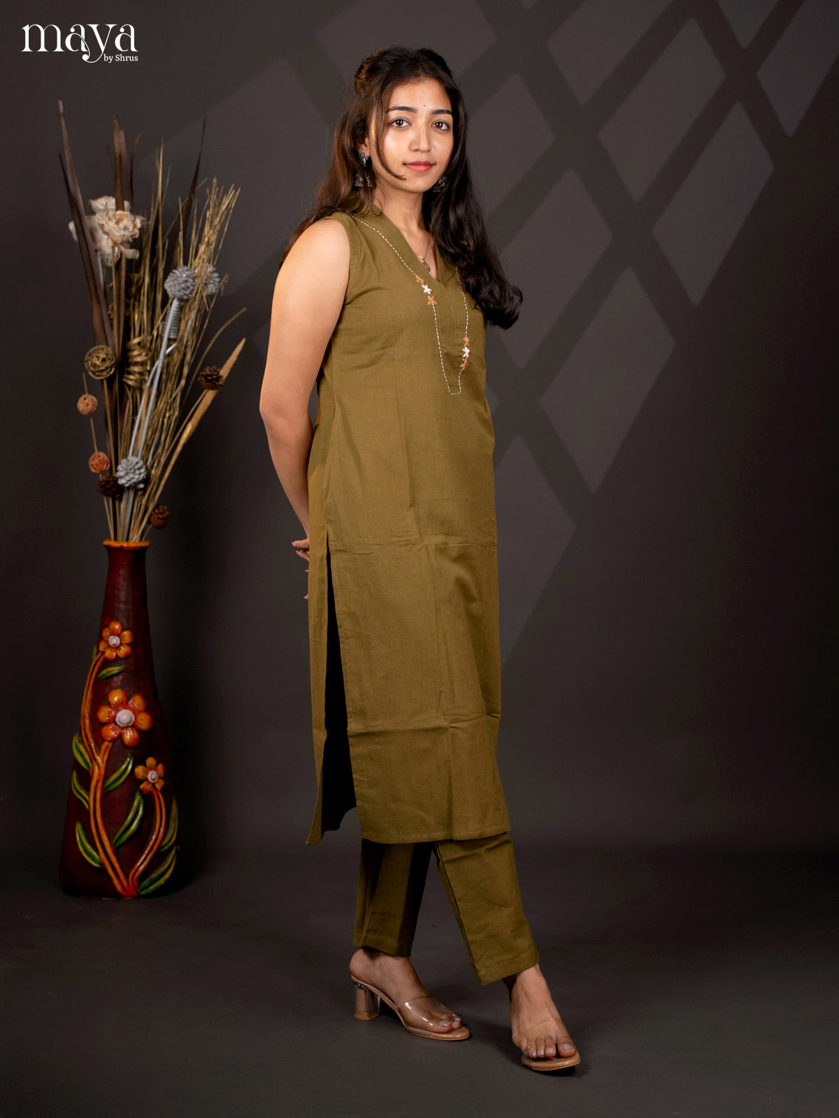 Green Cotton solid Salwar Suit - Top & Buttom