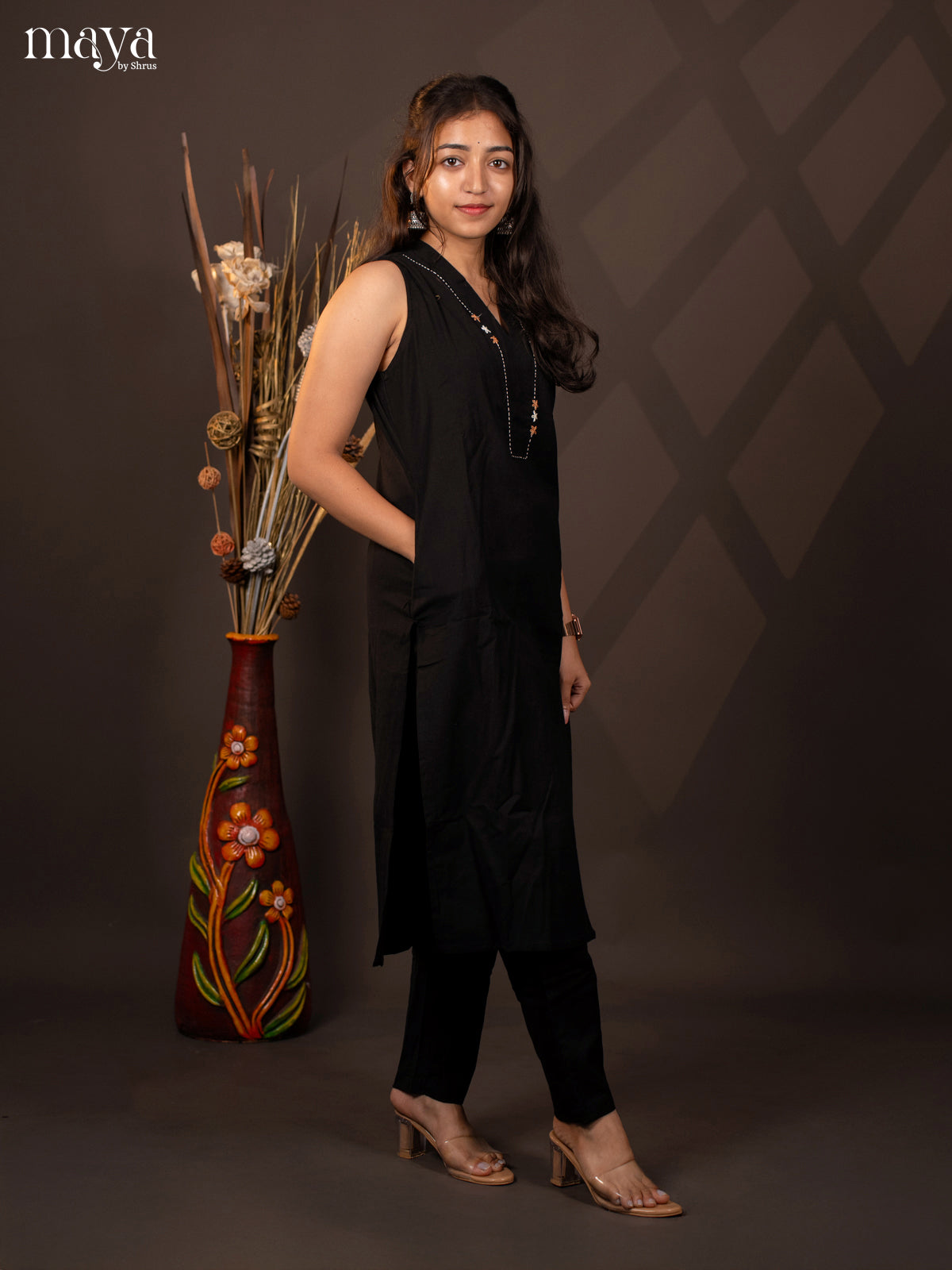 Black Cotton solid Salwar Suit -Top & Bottom