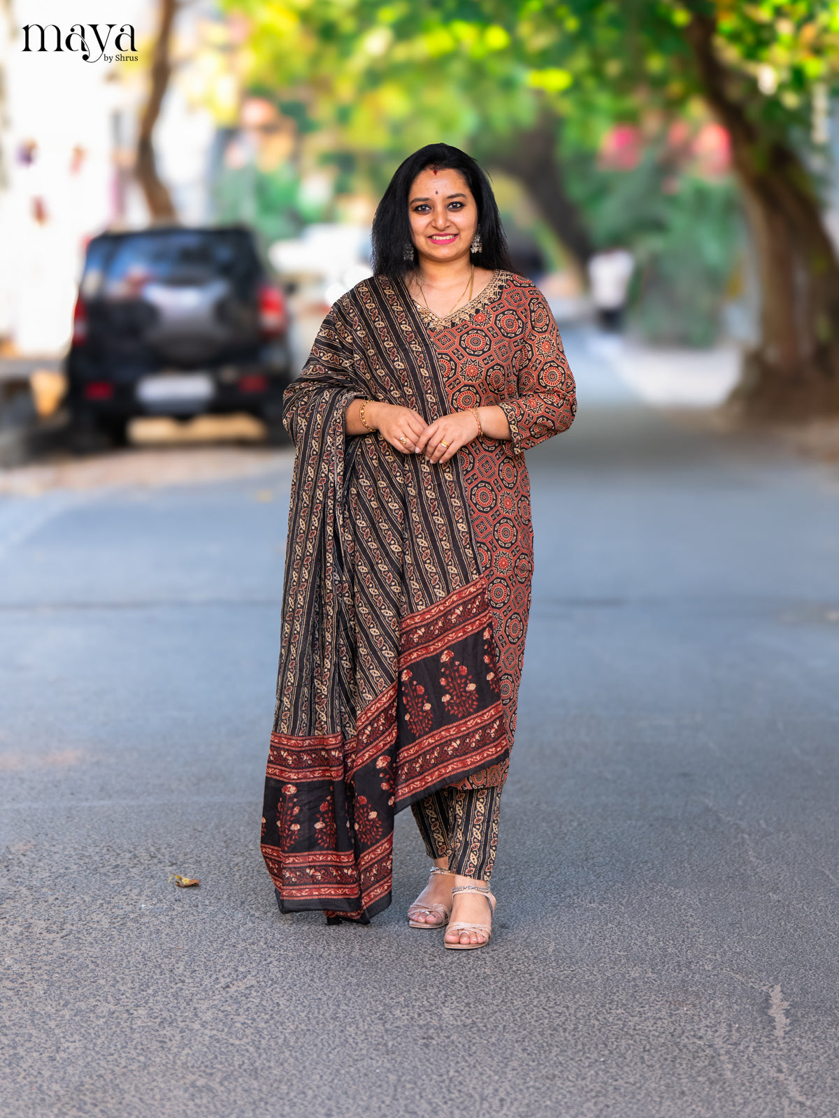 Black Cotton 3Pc Salwar Suit with Ajrakh Print - Top, Bottom & Dupatta