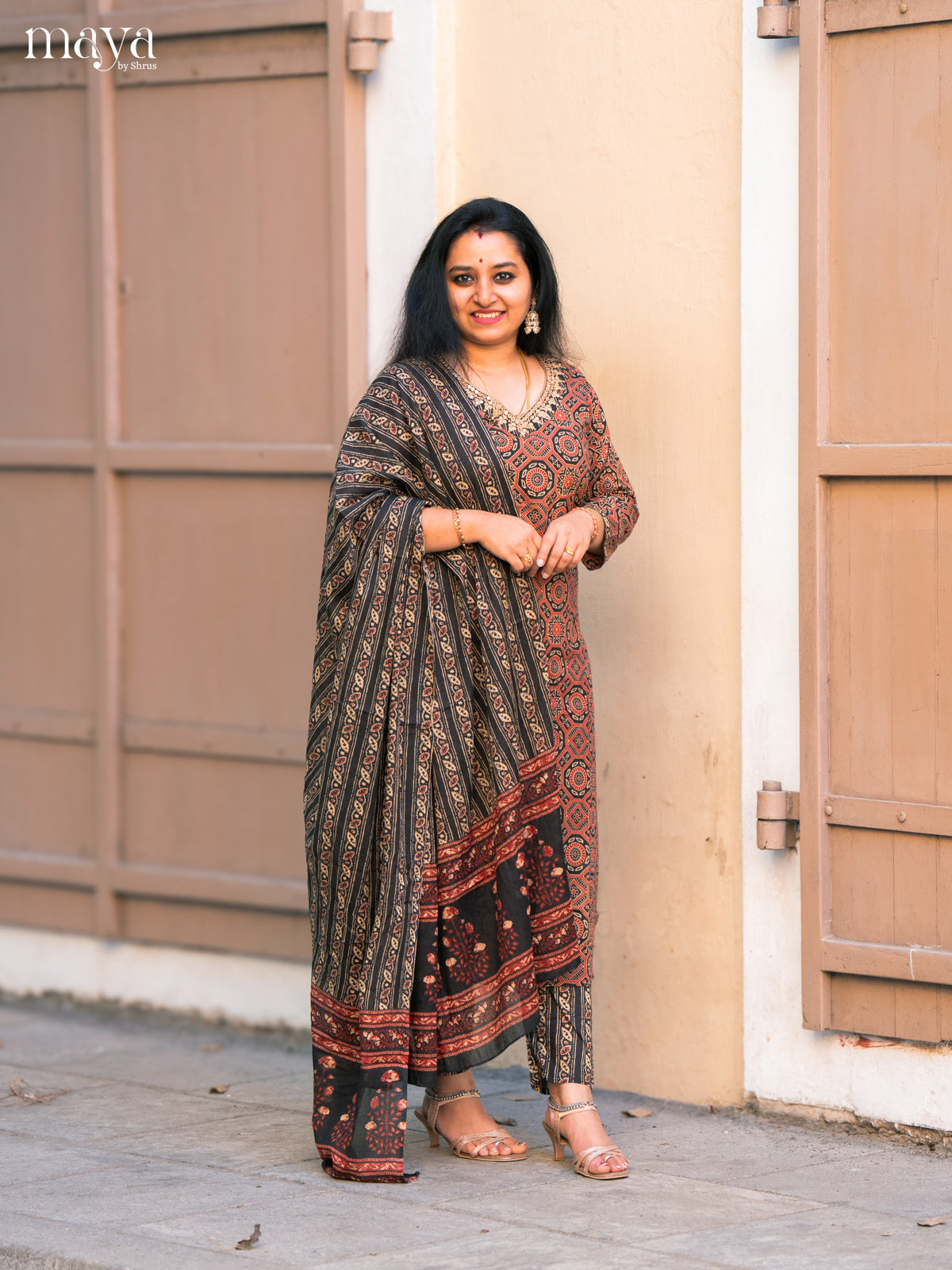 Black Cotton 3Pc Salwar Suit with Ajrakh Print - Top, Bottom & Dupatta