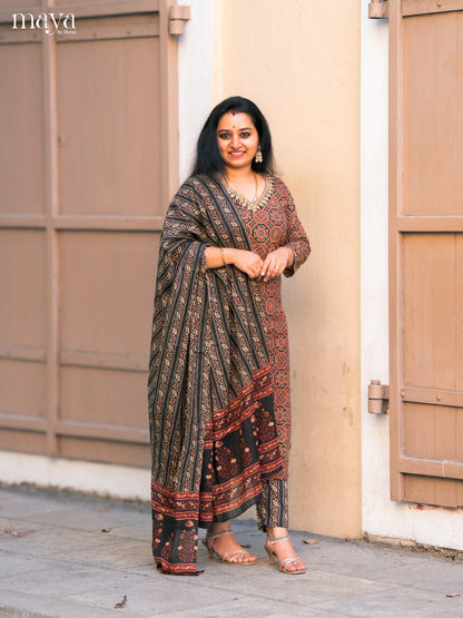 Black Cotton 3Pc Salwar Suit with Ajrakh Print - Top, Bottom & Dupatta