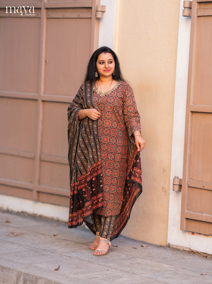 Black Cotton 3Pc Salwar Suit with Ajrakh Print - Top, Bottom & Dupatta