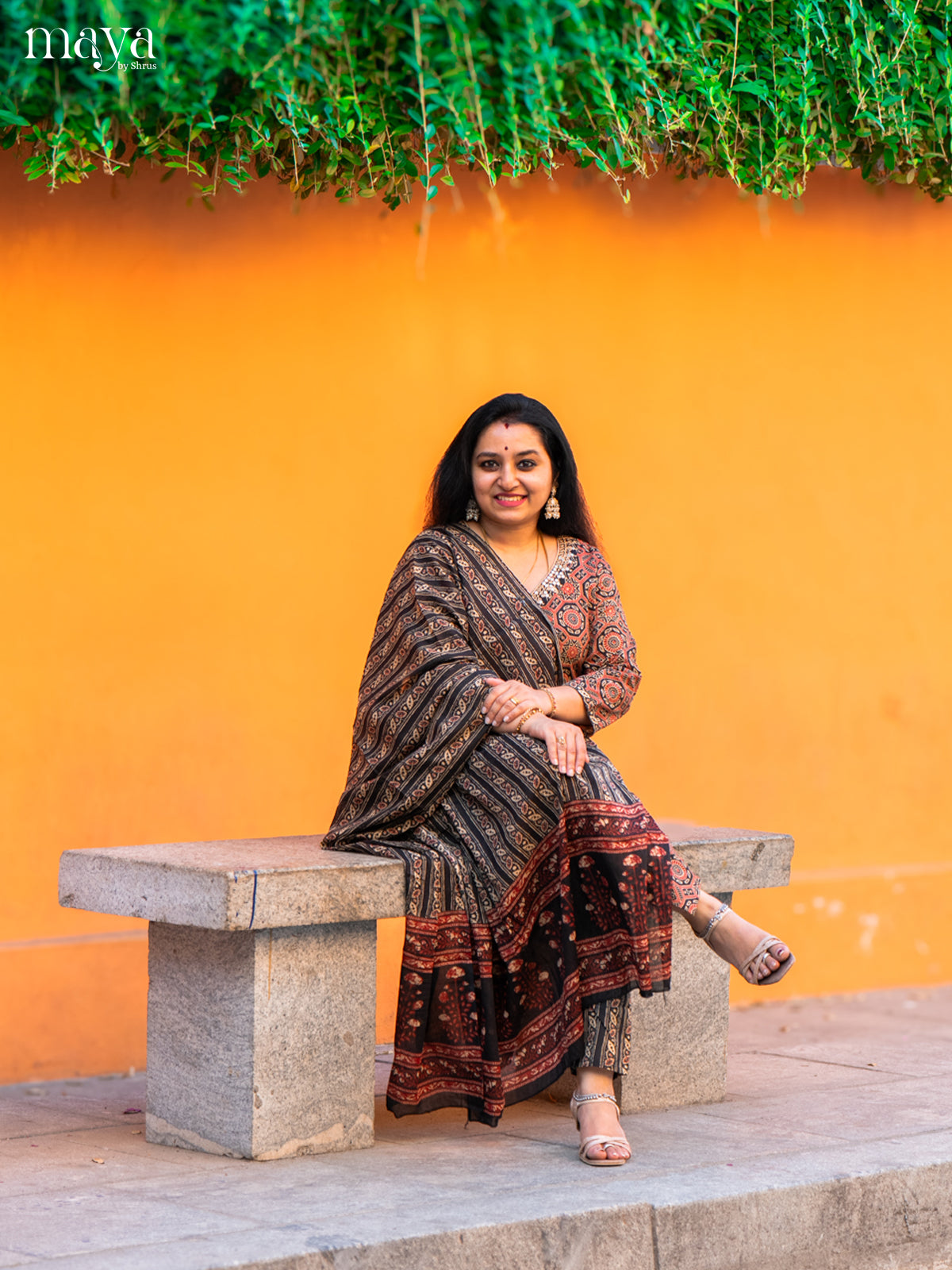 Black Cotton 3Pc Salwar Suit with Ajrakh Print - Top, Bottom & Dupatta