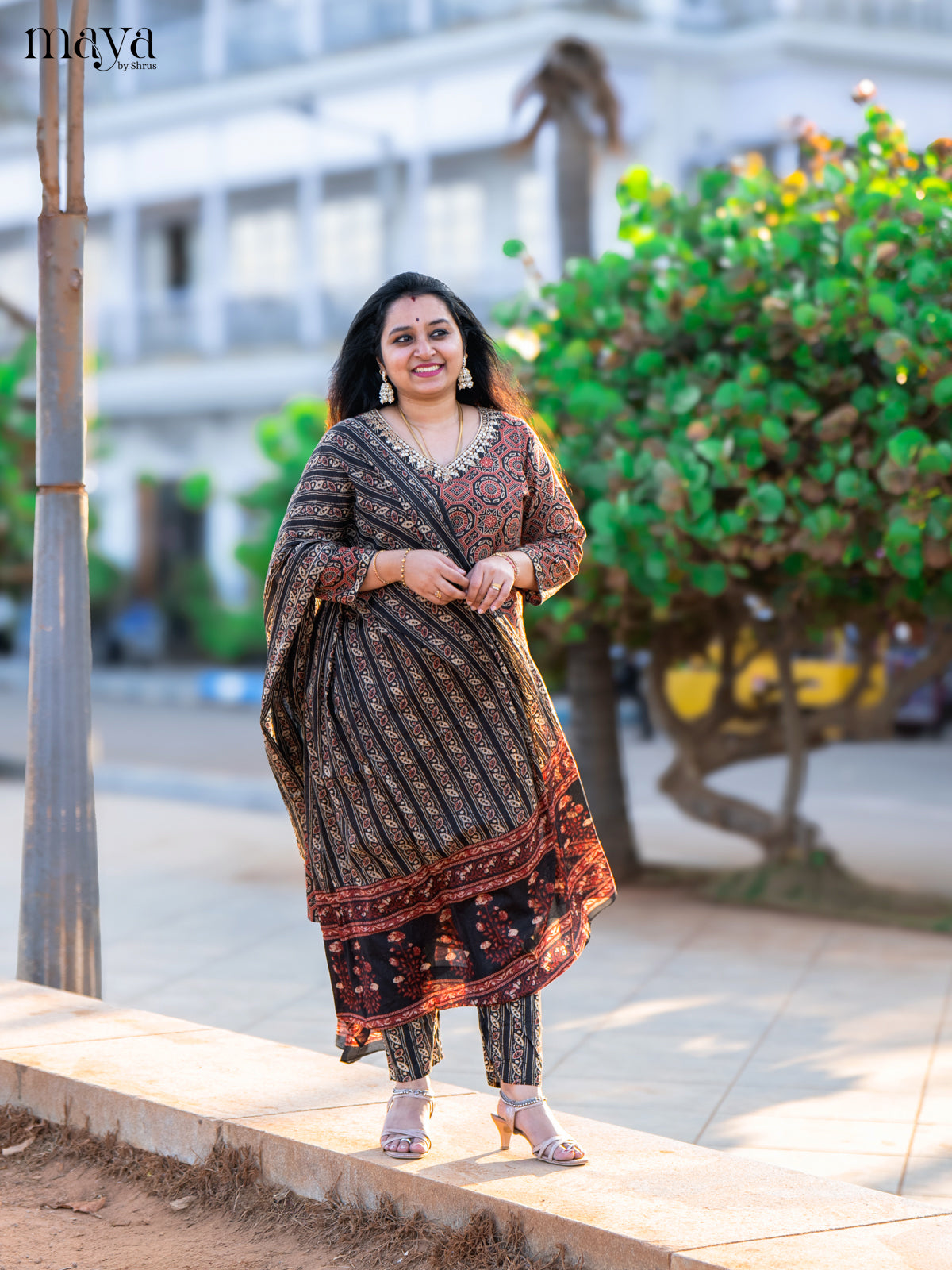 Black Cotton 3Pc Salwar Suit with Ajrakh Print - Top, Bottom & Dupatta