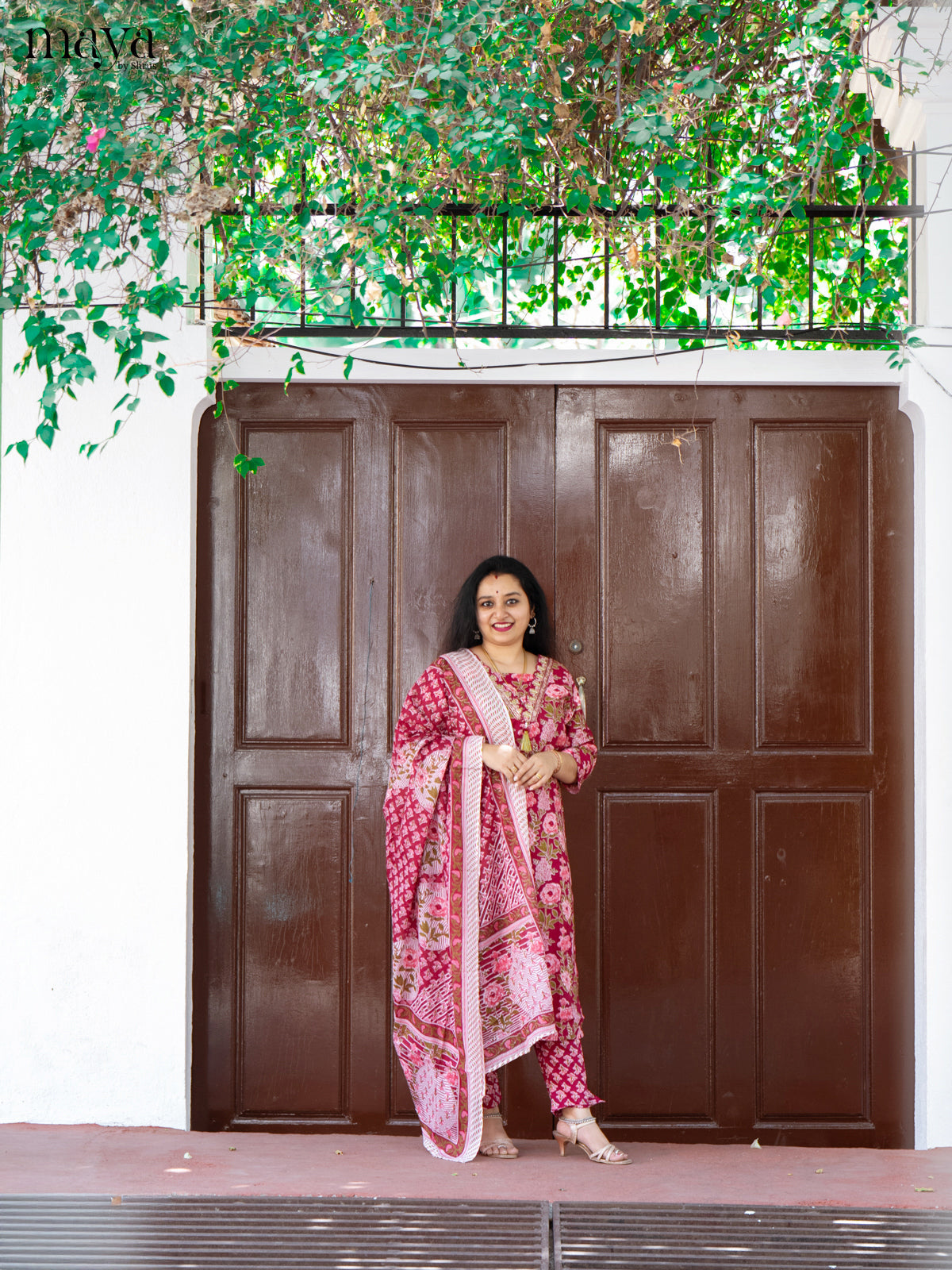 Pink Cotton 3Pc Salwar Suit with Floral Print - Top, Bottom & Dupatta