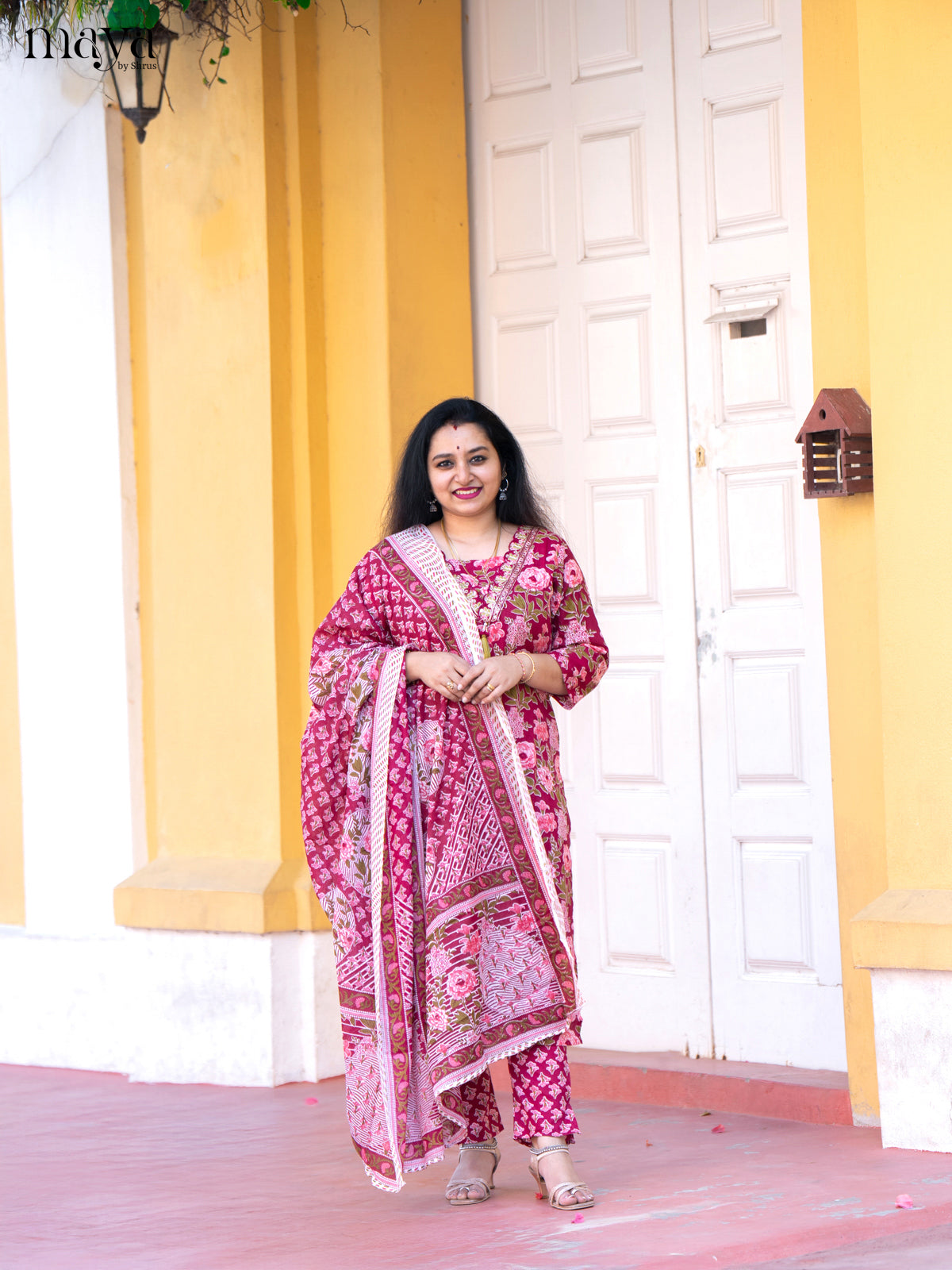 Pink Cotton 3Pc Salwar Suit with Floral Print - Top, Bottom & Dupatta