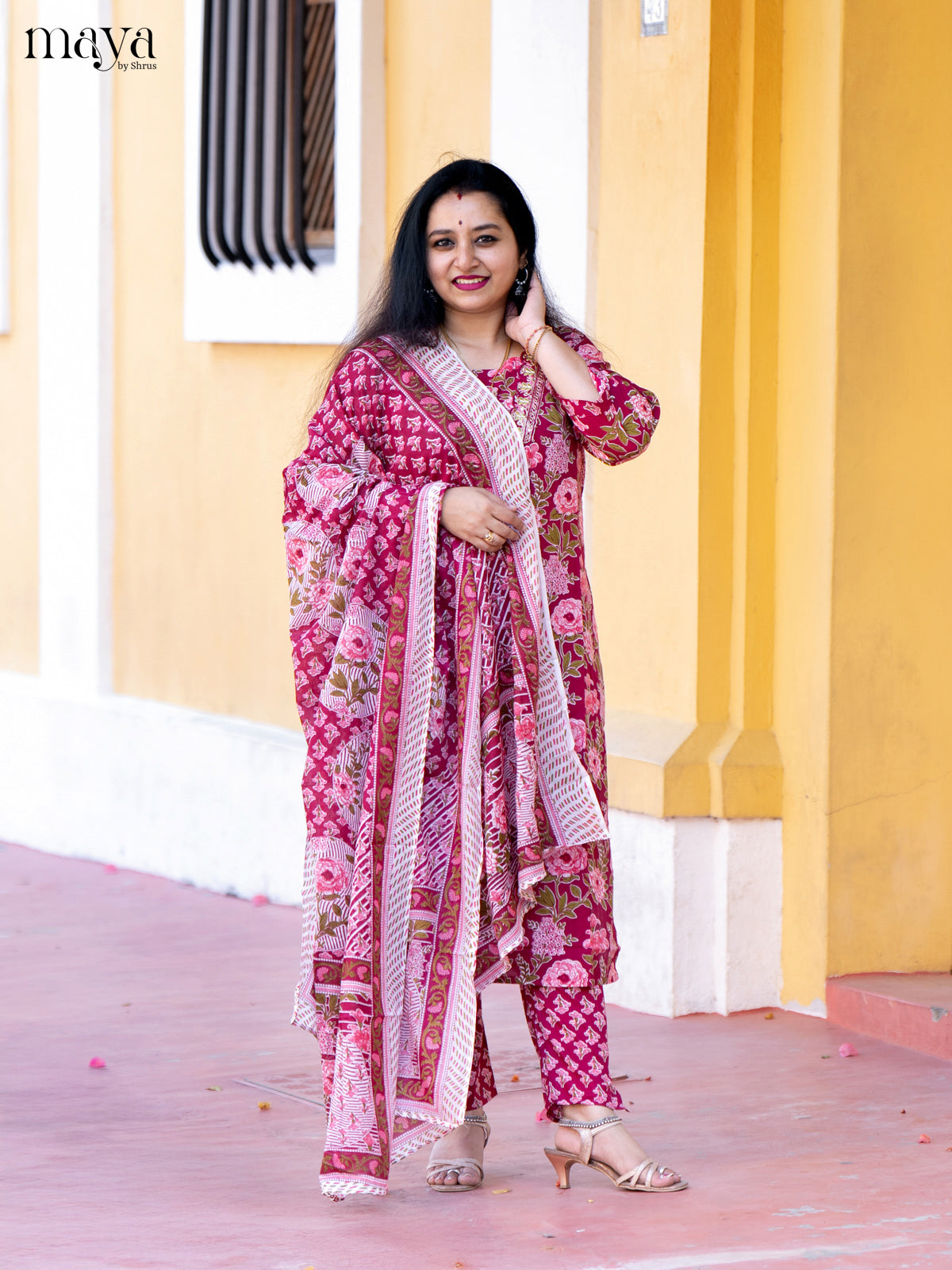 Pink Cotton 3Pc Salwar Suit with Floral Print - Top, Bottom & Dupatta