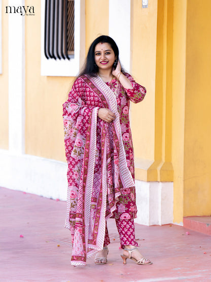 Pink Cotton 3Pc Salwar Suit with Floral Print - Top, Bottom & Dupatta