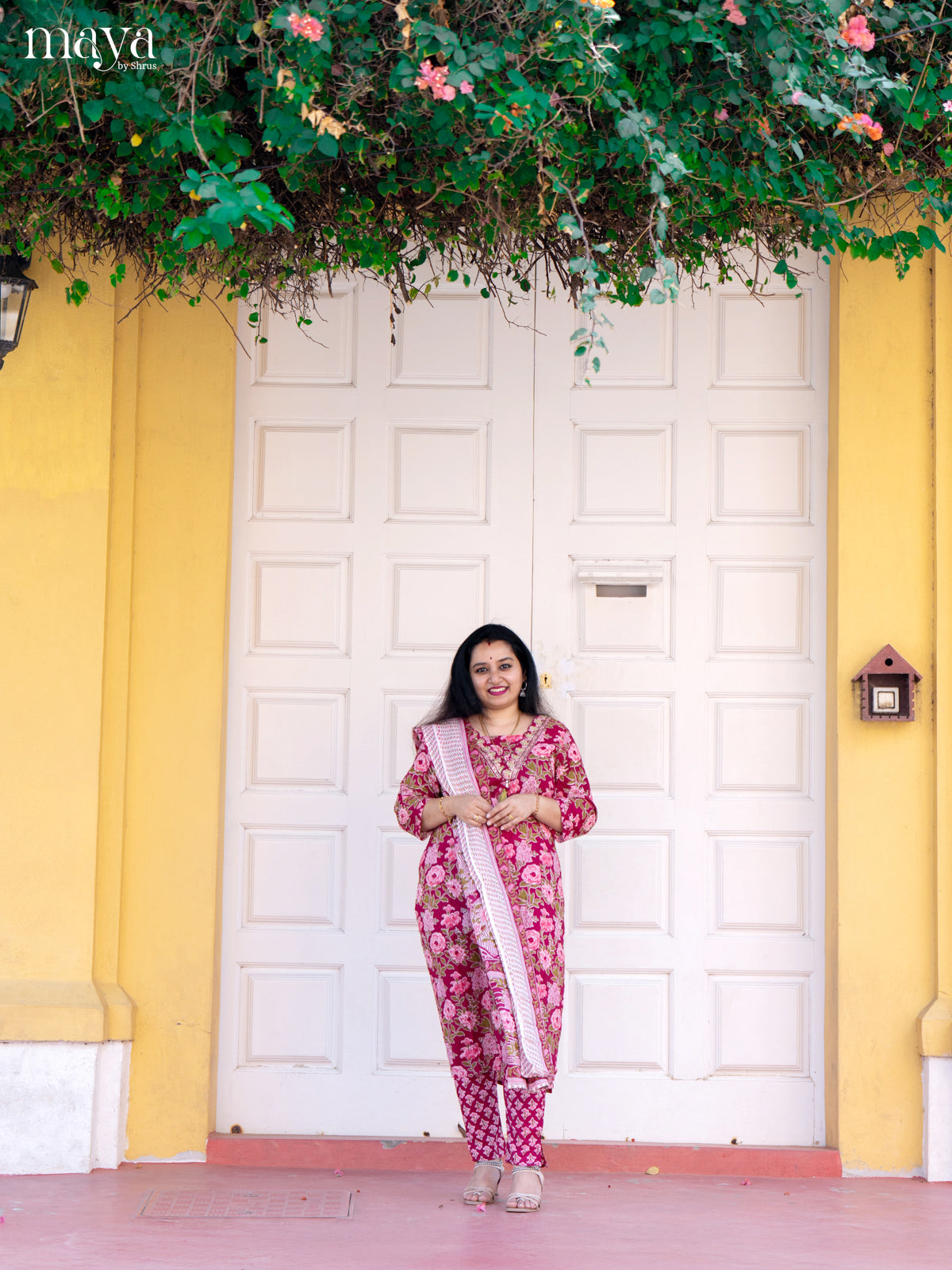 Pink Cotton 3Pc Salwar Suit with Floral Print - Top, Bottom & Dupatta