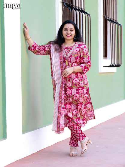 Pink Cotton 3Pc Salwar Suit with Floral Print - Top, Bottom & Dupatta