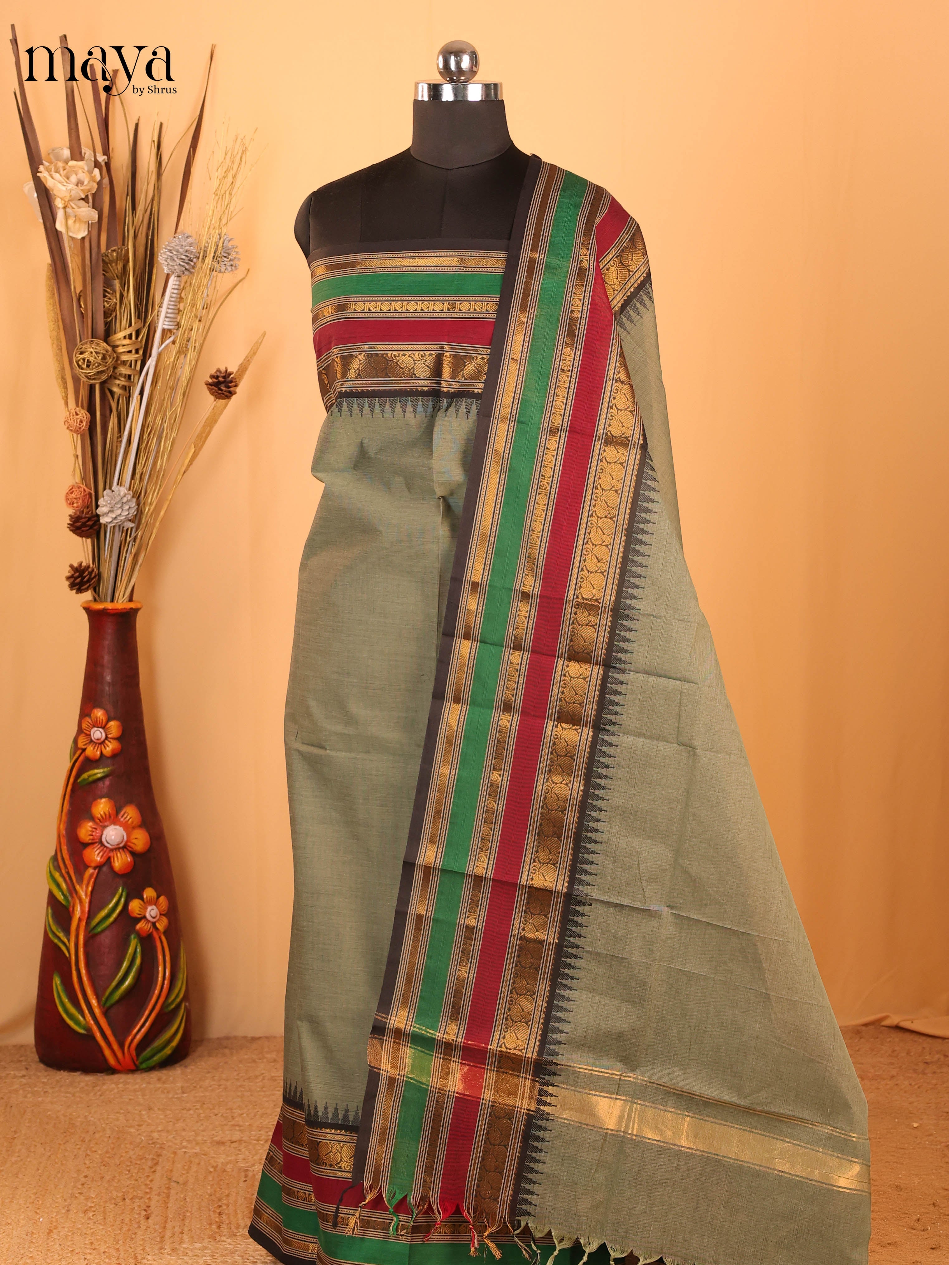 Grey & Green Chettinad Cotton Unstitched Top & Dupatta- MDB20001