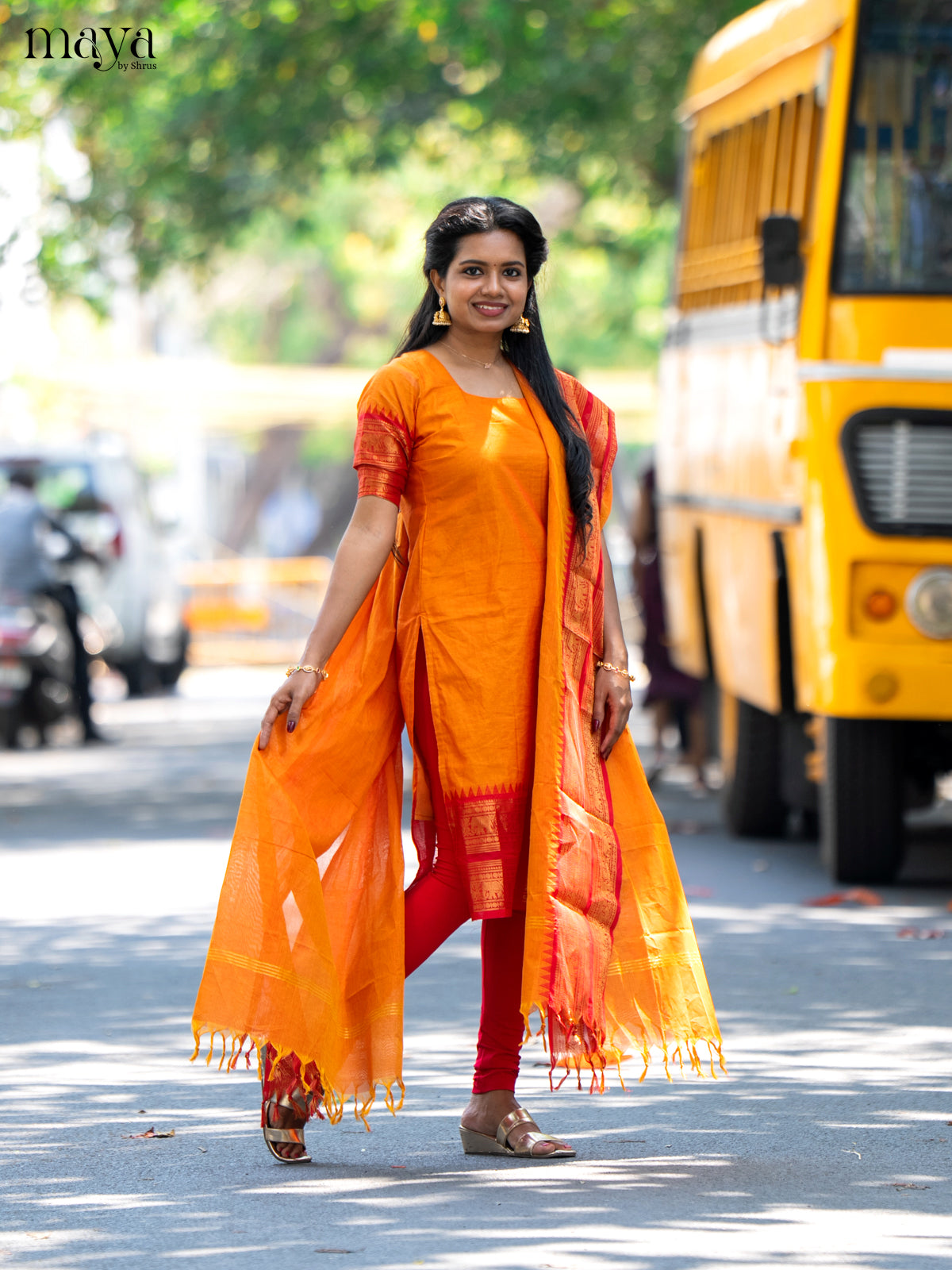 Orange & Red Chettinad Cotton Unstitched Top & Dupatta- MDB20002