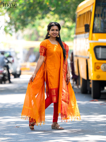 Orange & Red Chettinad Cotton Unstitched Top & Dupatta- MDB20002