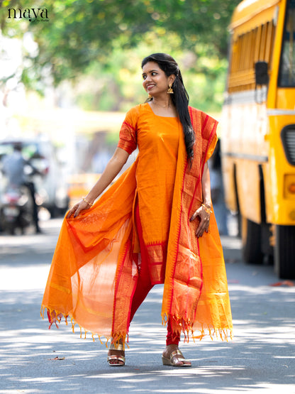 Orange & Red Chettinad Cotton Unstitched Top & Dupatta- MDB20002