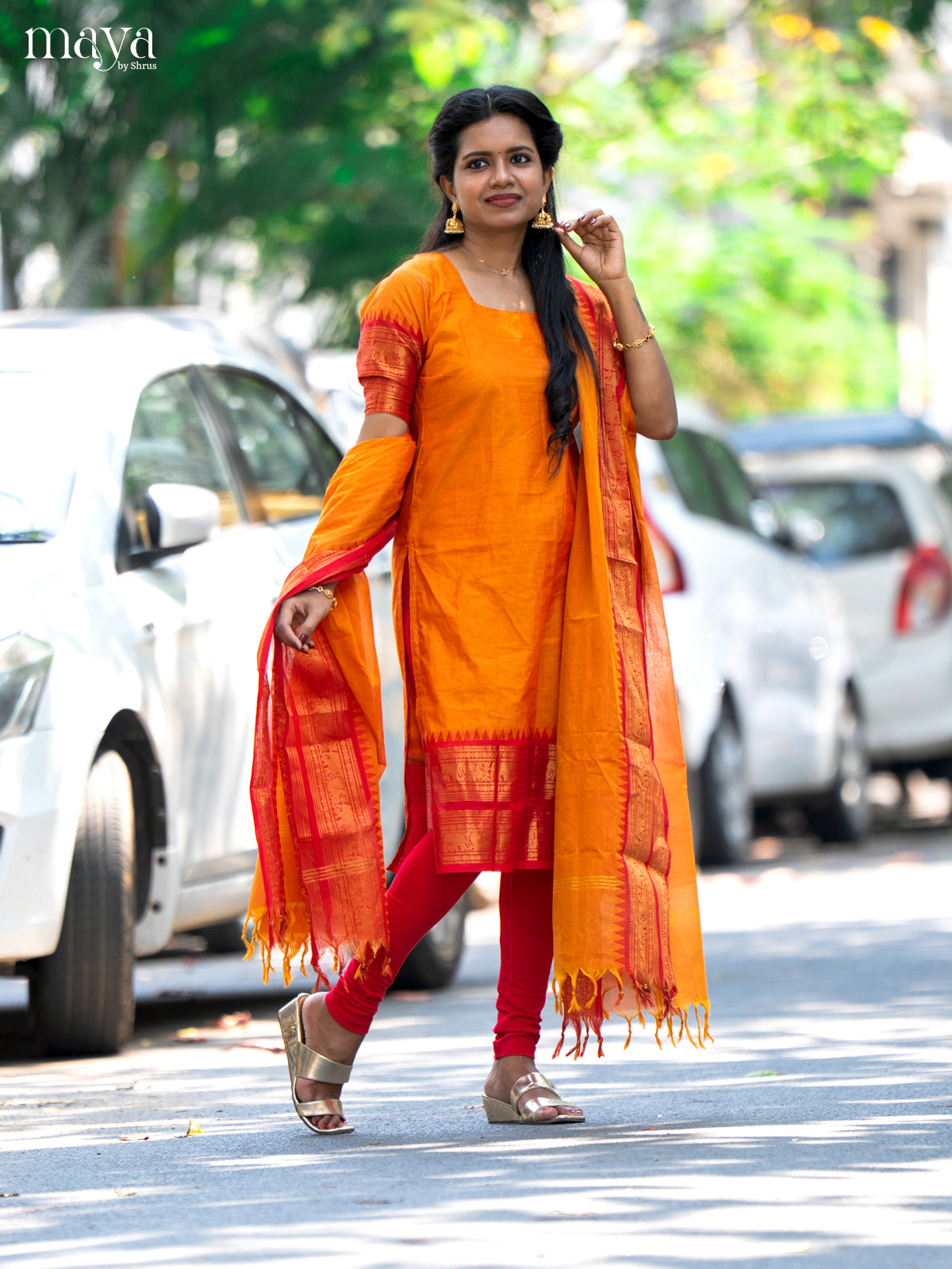 Orange & Red Chettinad Cotton Unstitched Top & Dupatta- MDB20002