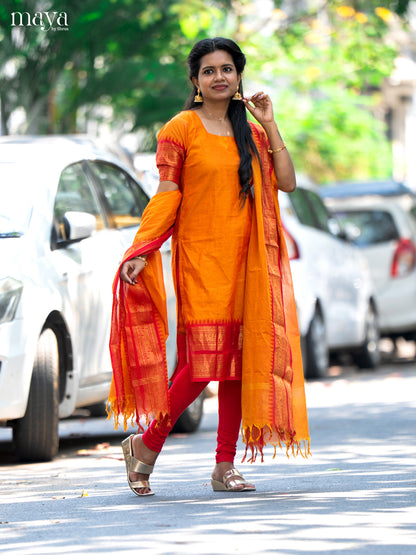 Orange & Red Chettinad Cotton Unstitched Top & Dupatta- MDB20002