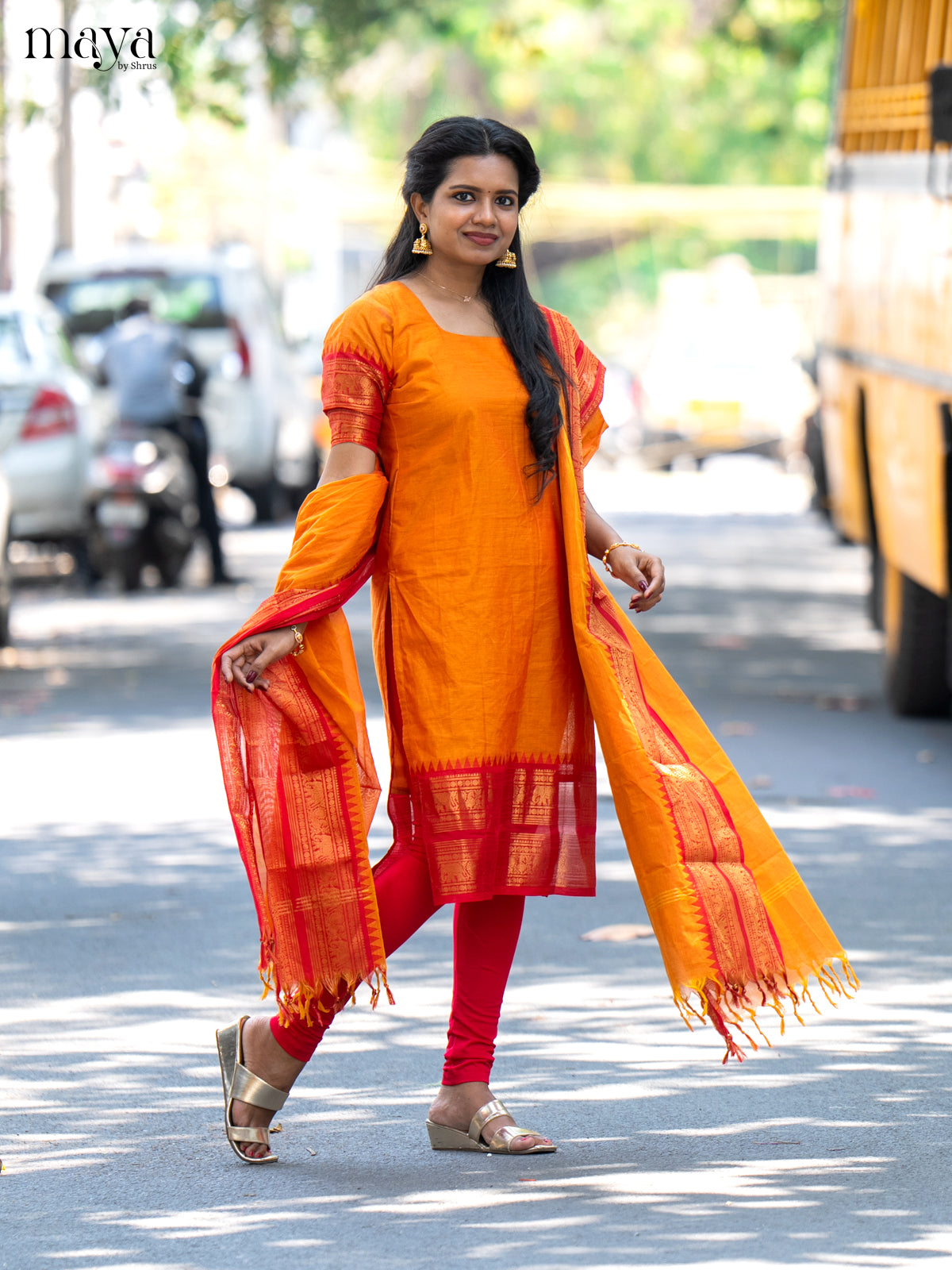 Orange & Red Chettinad Cotton Unstitched Top & Dupatta- MDB20002