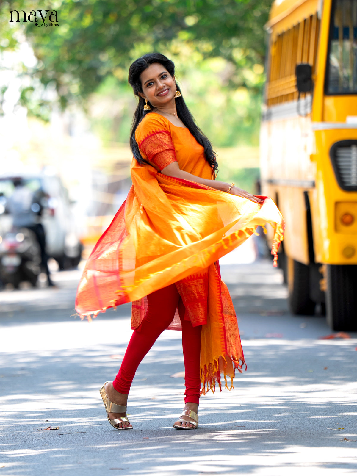Orange & Red Chettinad Cotton Unstitched Top & Dupatta- MDB20002