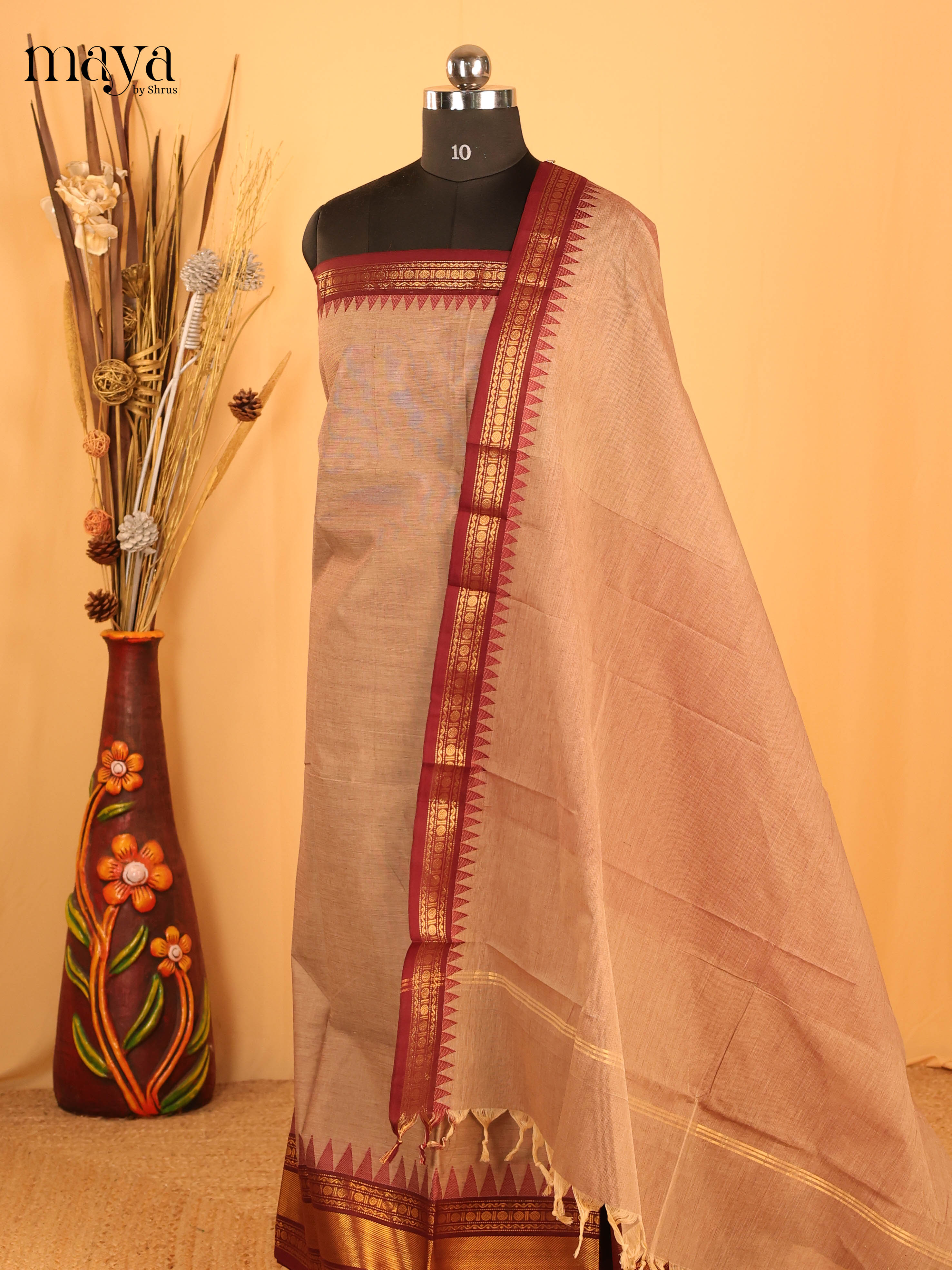 Brown & Maroon Chettinad Cotton Unstitched Top & Dupatta- MDB20003