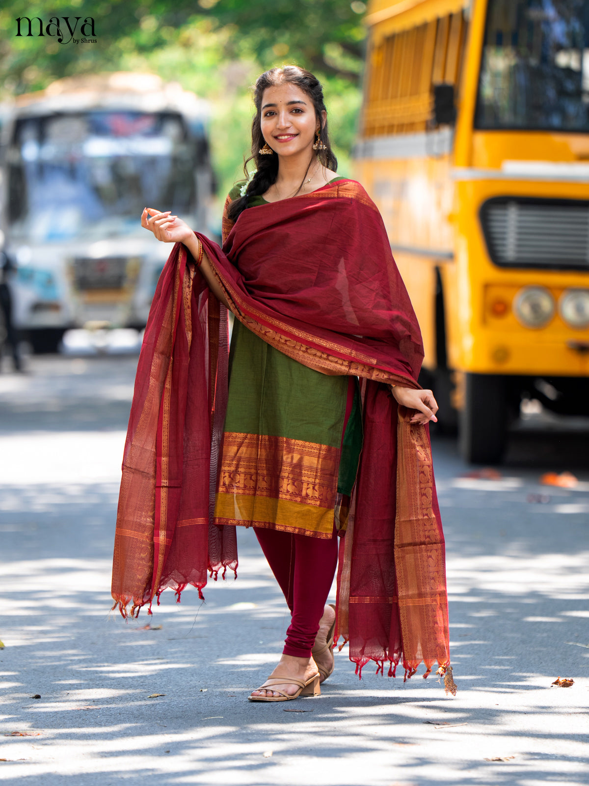 Mehandi Green & Maroon Chettinad  Unstitched Top & Dupatta - MDB20004