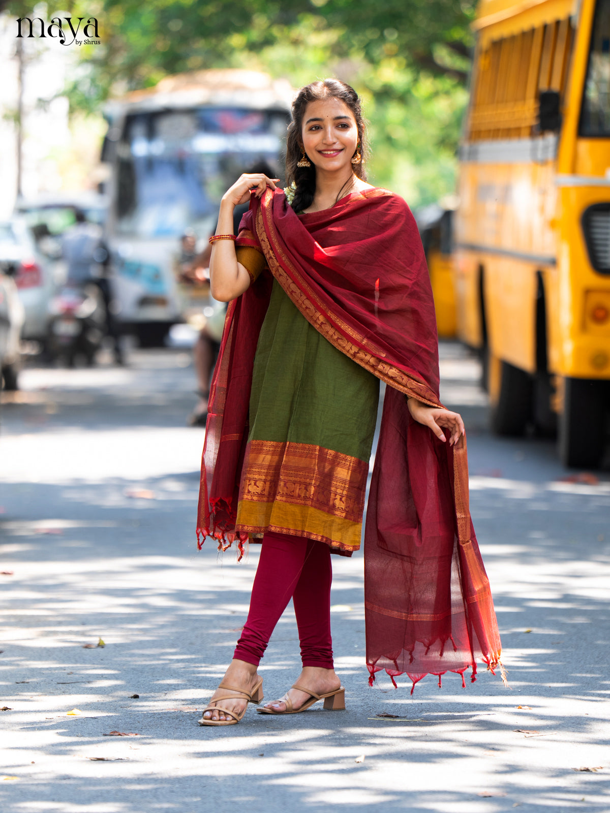 Mehandi Green & Maroon Chettinad  Unstitched Top & Dupatta - MDB20004